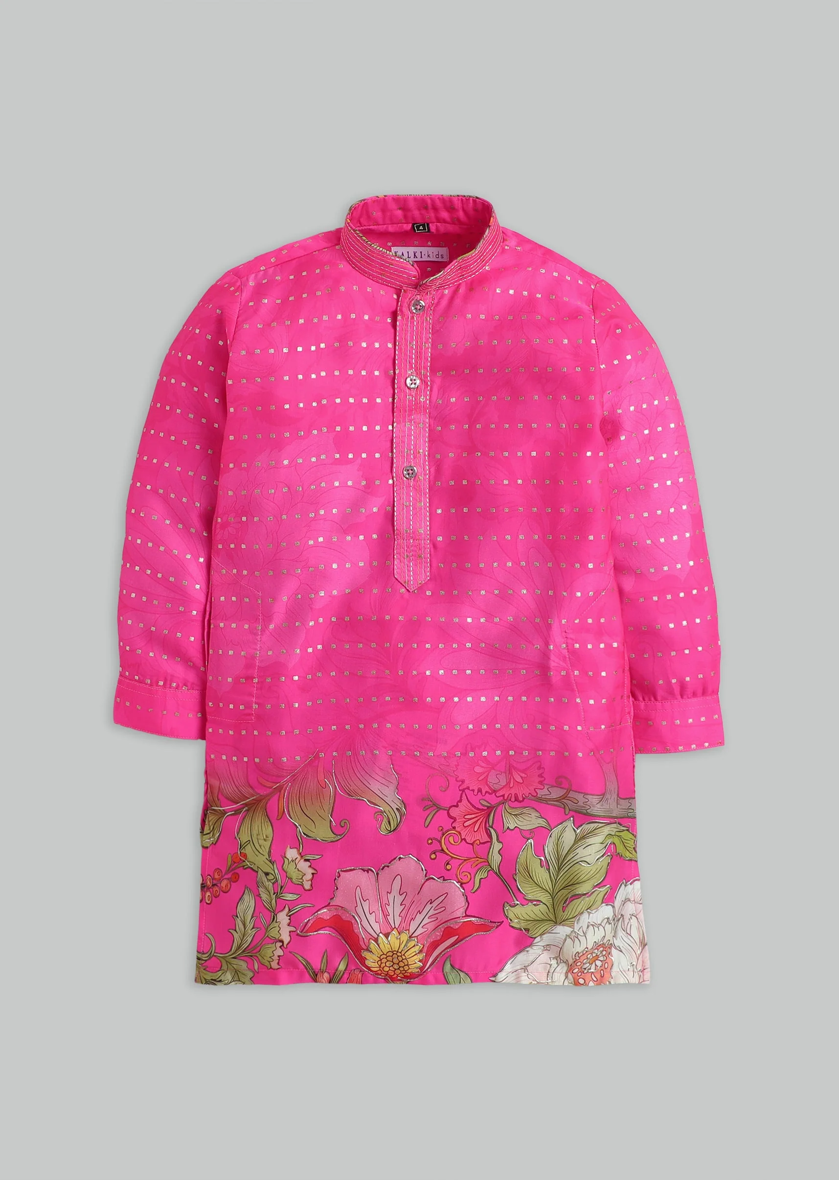 Pink Floral Foil Kurta Set For Boys - Image 2