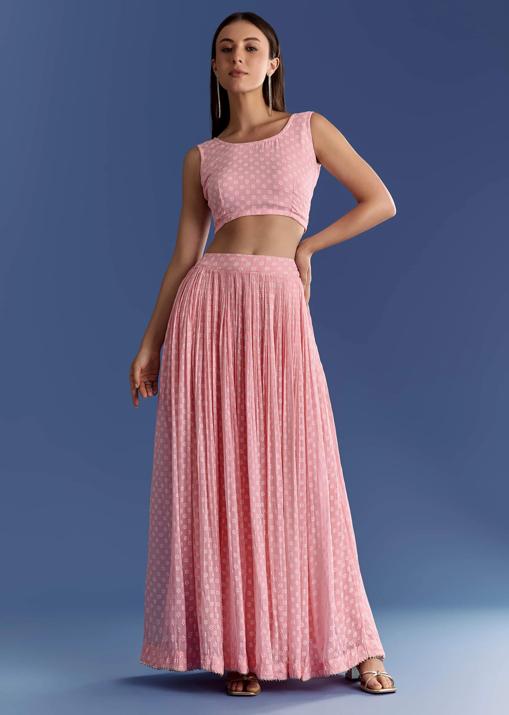 Pink Floral Georgette Lehenga Set With Zardosi Croptop - Image 6