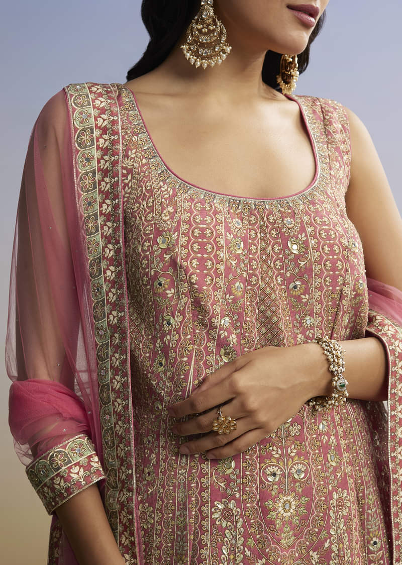Pink Floral Palazzo Set With Dupatta - Image 2