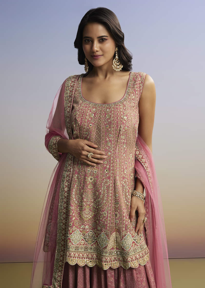 Pink Floral Palazzo Set With Dupatta - Image 3