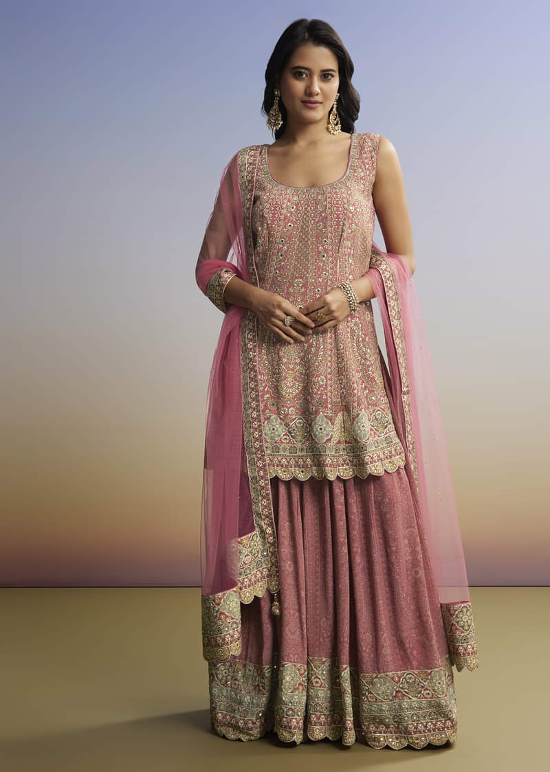 Pink Floral Palazzo Set With Dupatta - Image 4