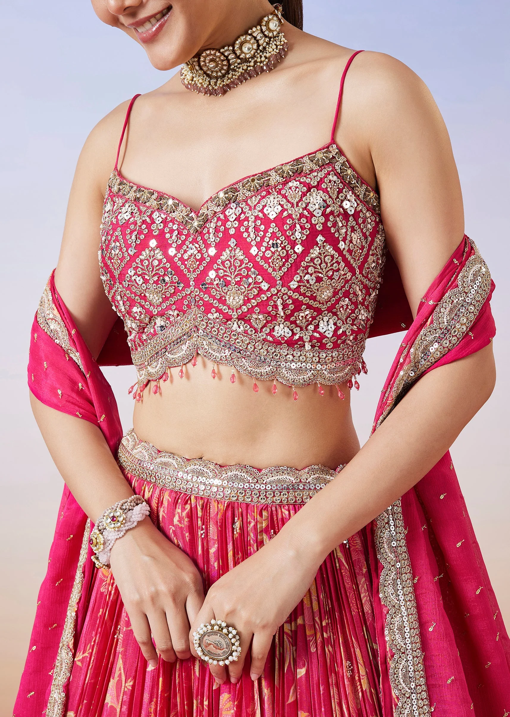 Pink Floral Printed Lehenga With Dupatta - Image 3