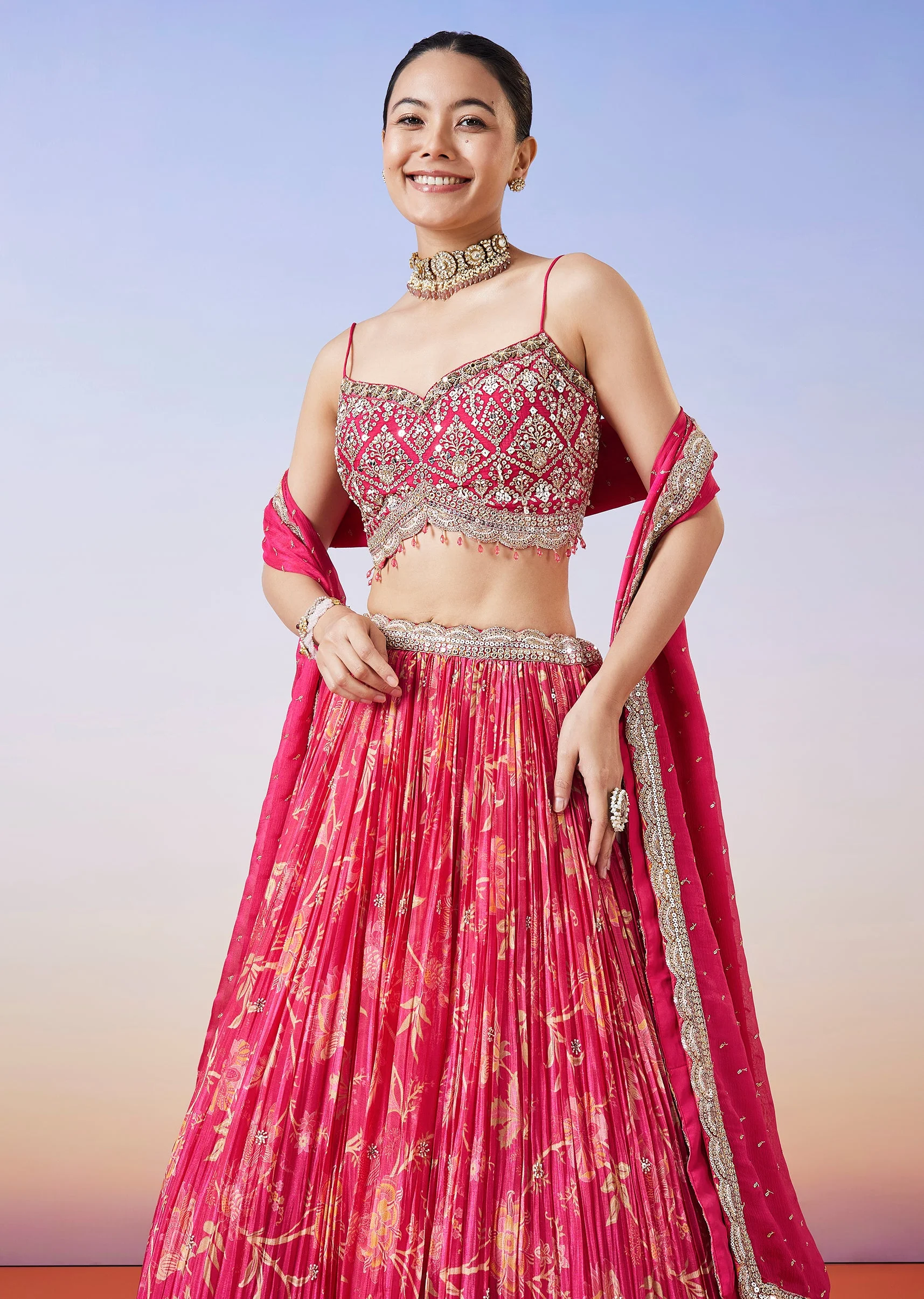 Pink Floral Printed Lehenga With Dupatta - Image 5