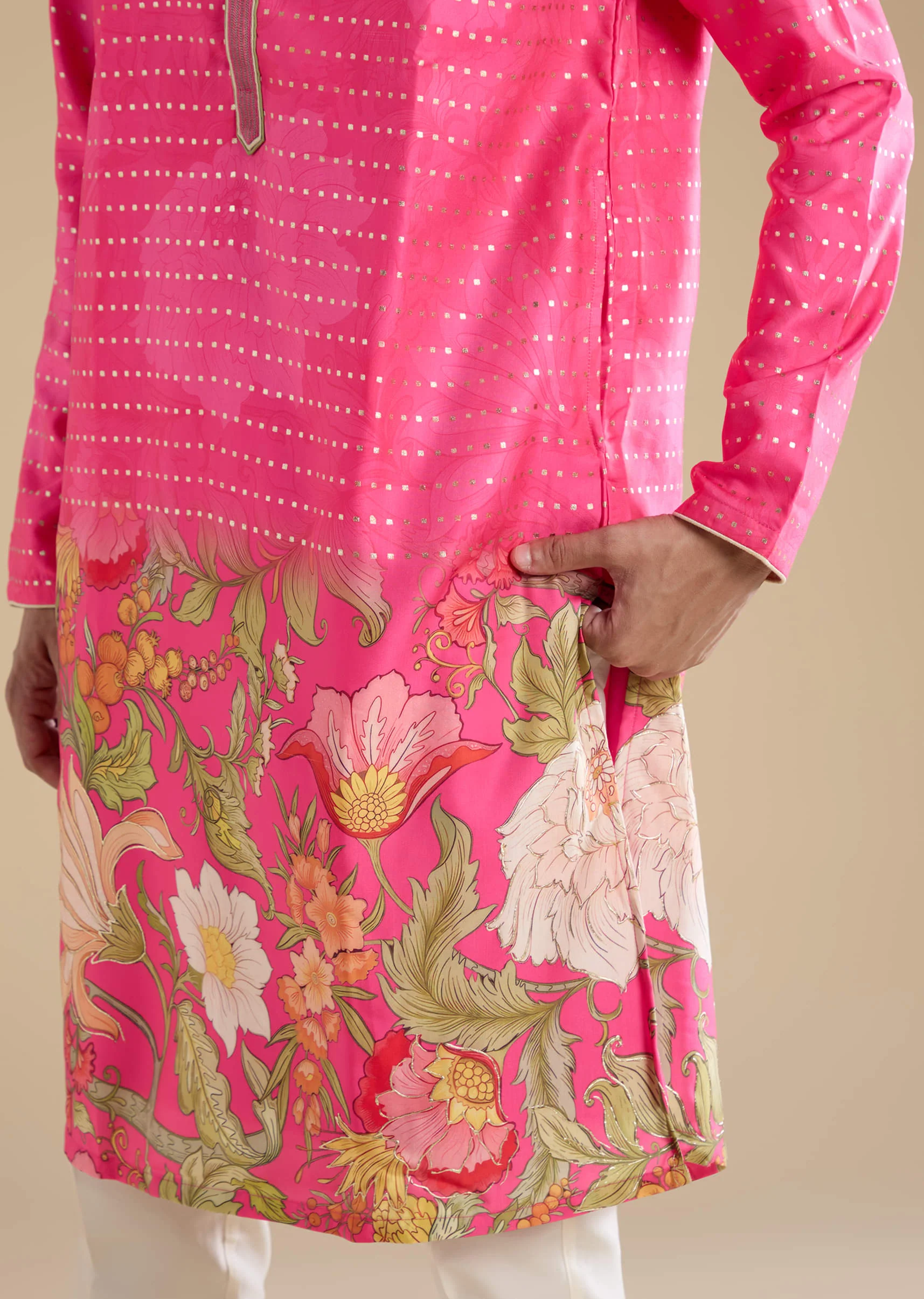 Pink Floral Work Mens Kurta and Pant Set - Image 2