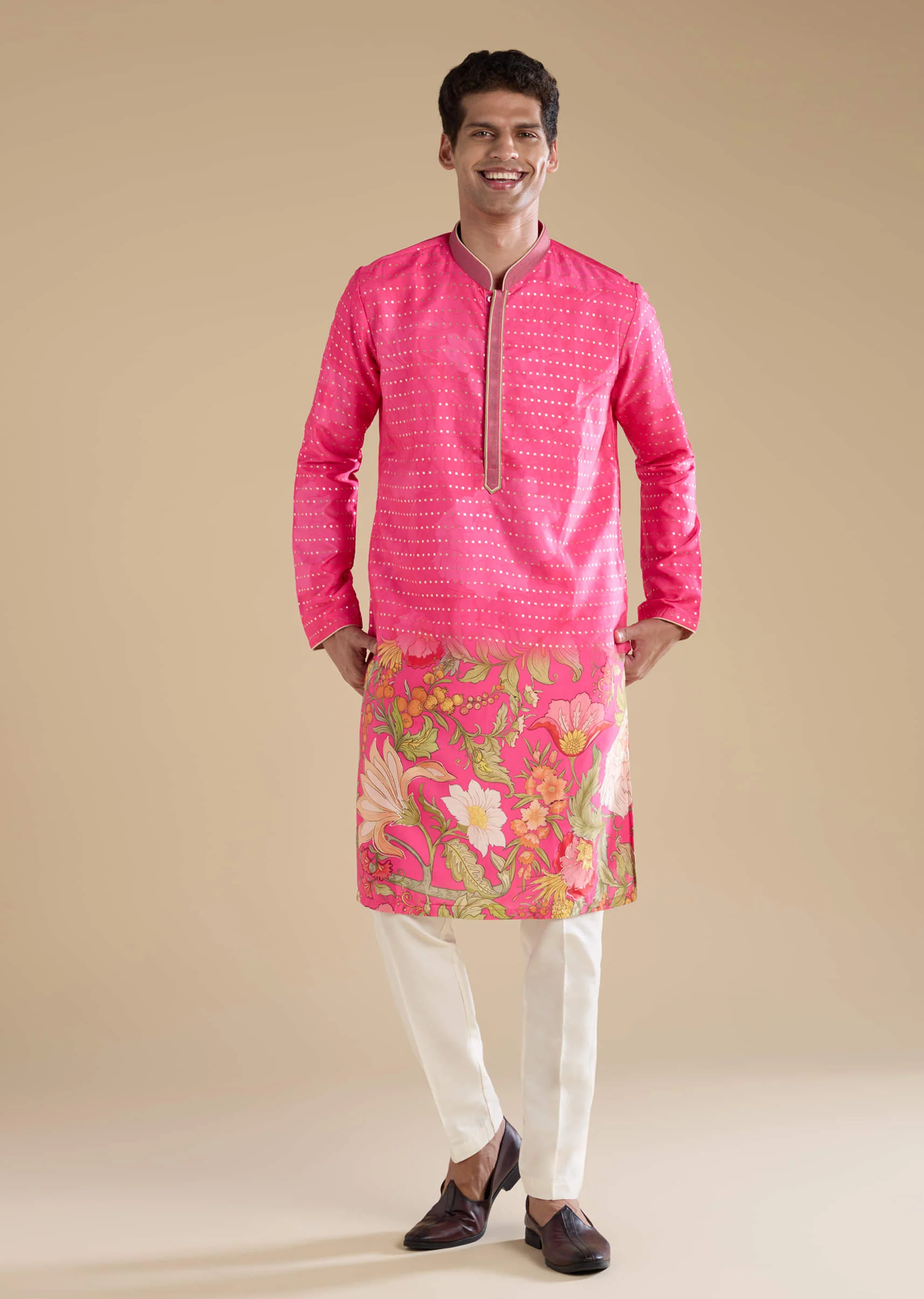 Pink Floral Work Mens Kurta and Pant Set - Image 3