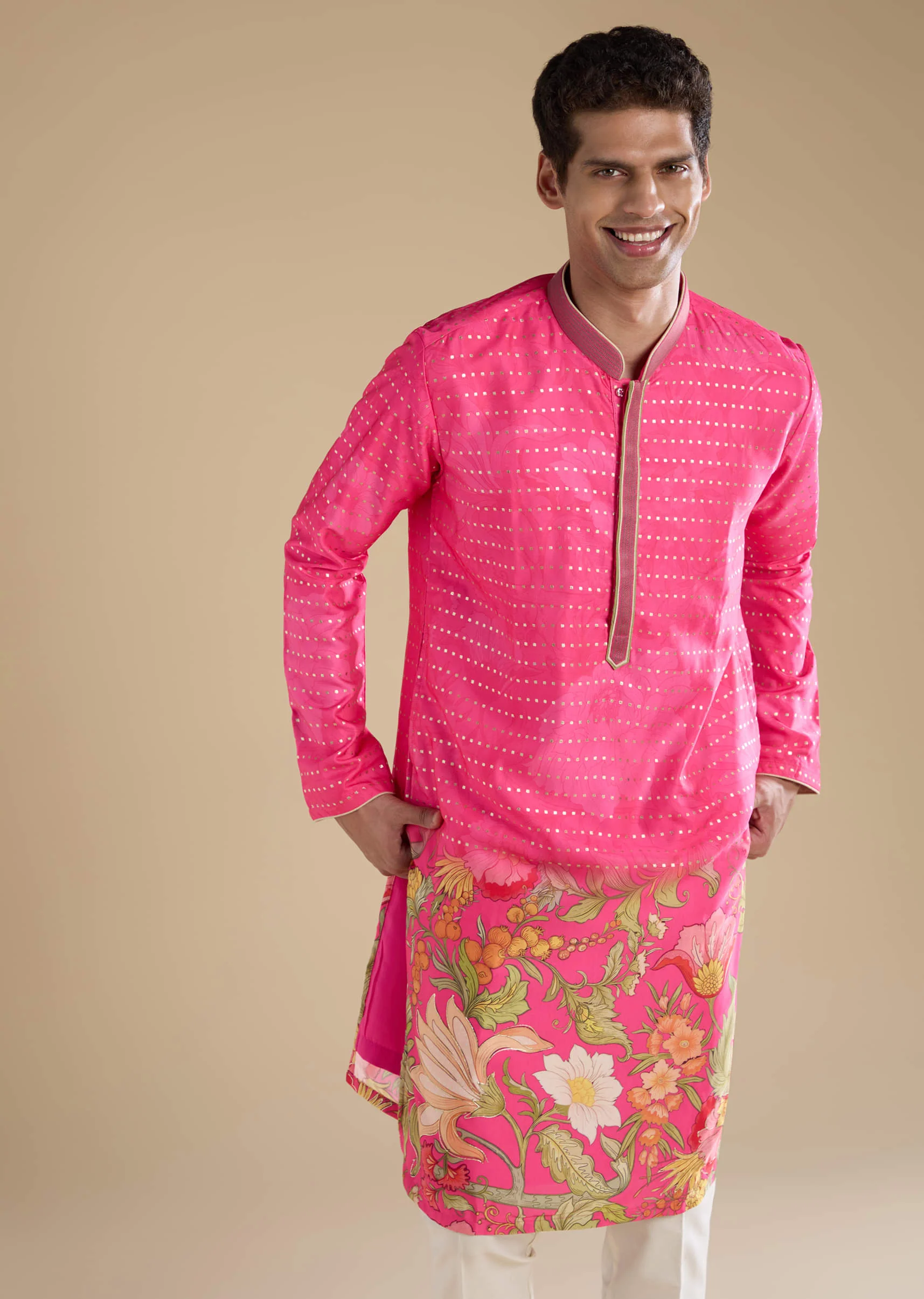 Pink Floral Work Mens Kurta and Pant Set - Image 4