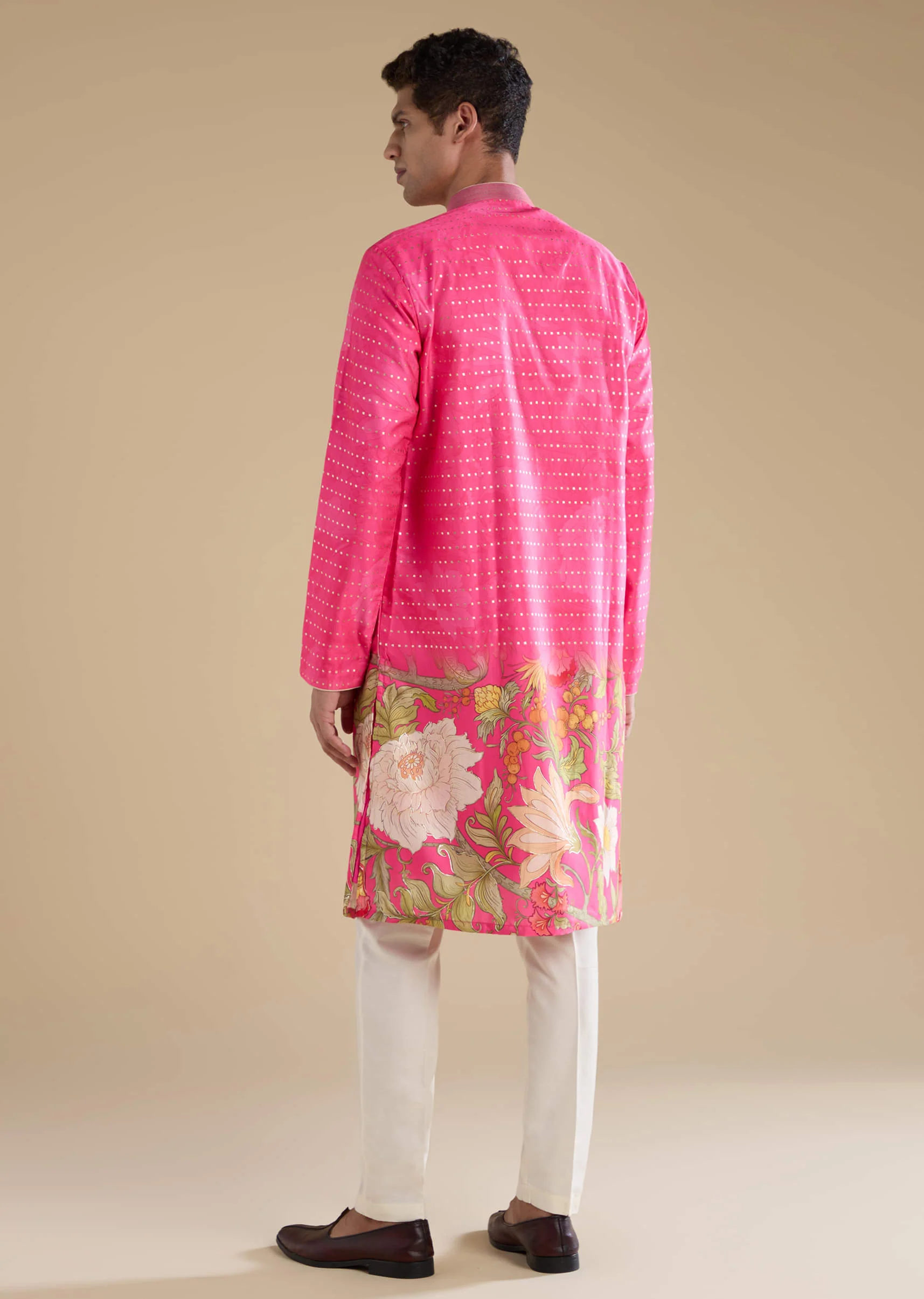 Pink Floral Work Mens Kurta and Pant Set - Image 5