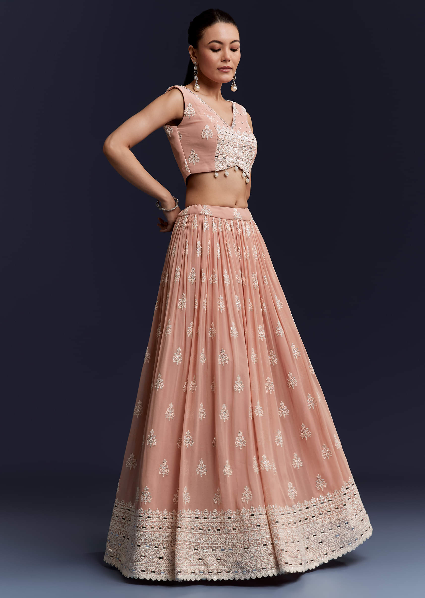 Pink Georgette Bridesmaid Lehenga With Sequins And Thread Embroidery - Image 6