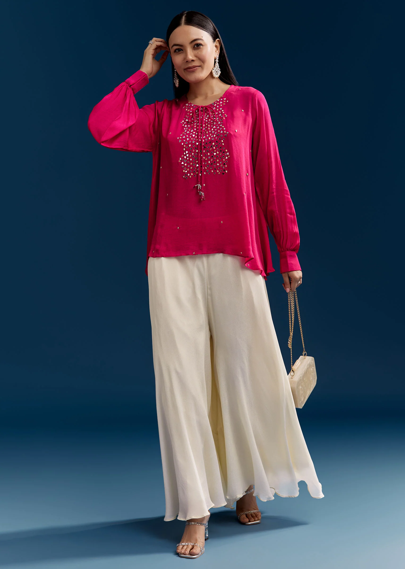 Pink Georgette Crop Top With Mirror Work