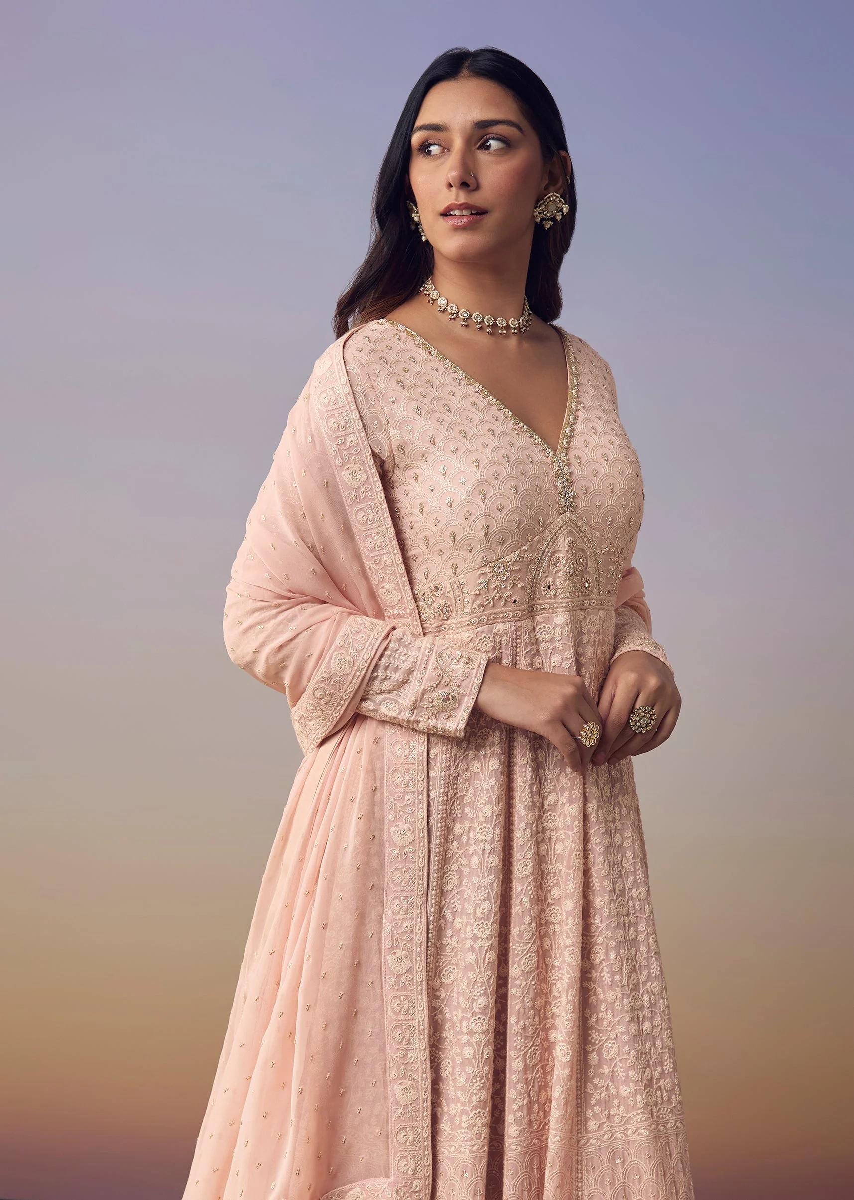 Pink Georgette Lucknowi Anarkali with Dupatta - Image 4