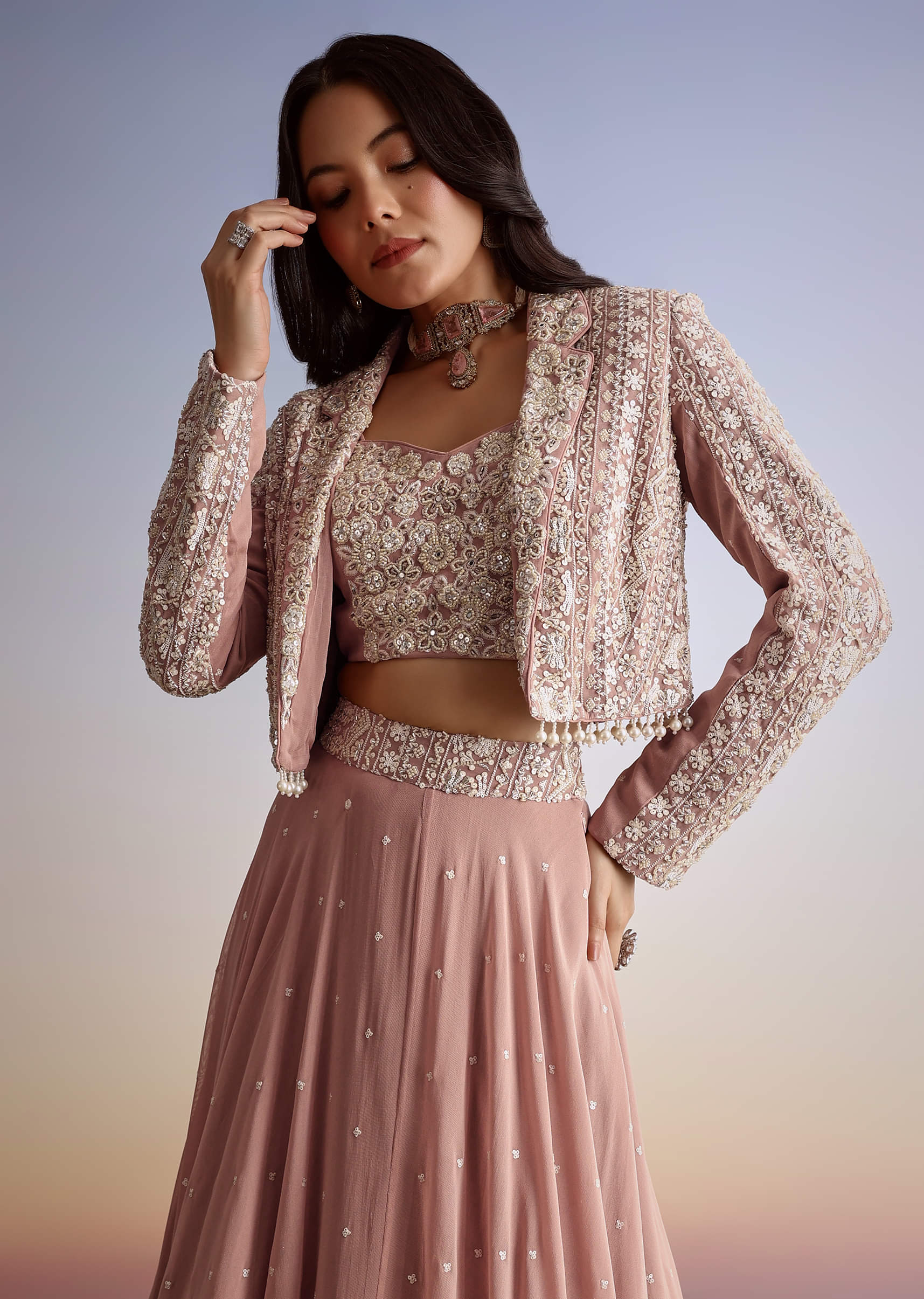 Pink Georgette Moti Resham Work Lehenga Jacket Set