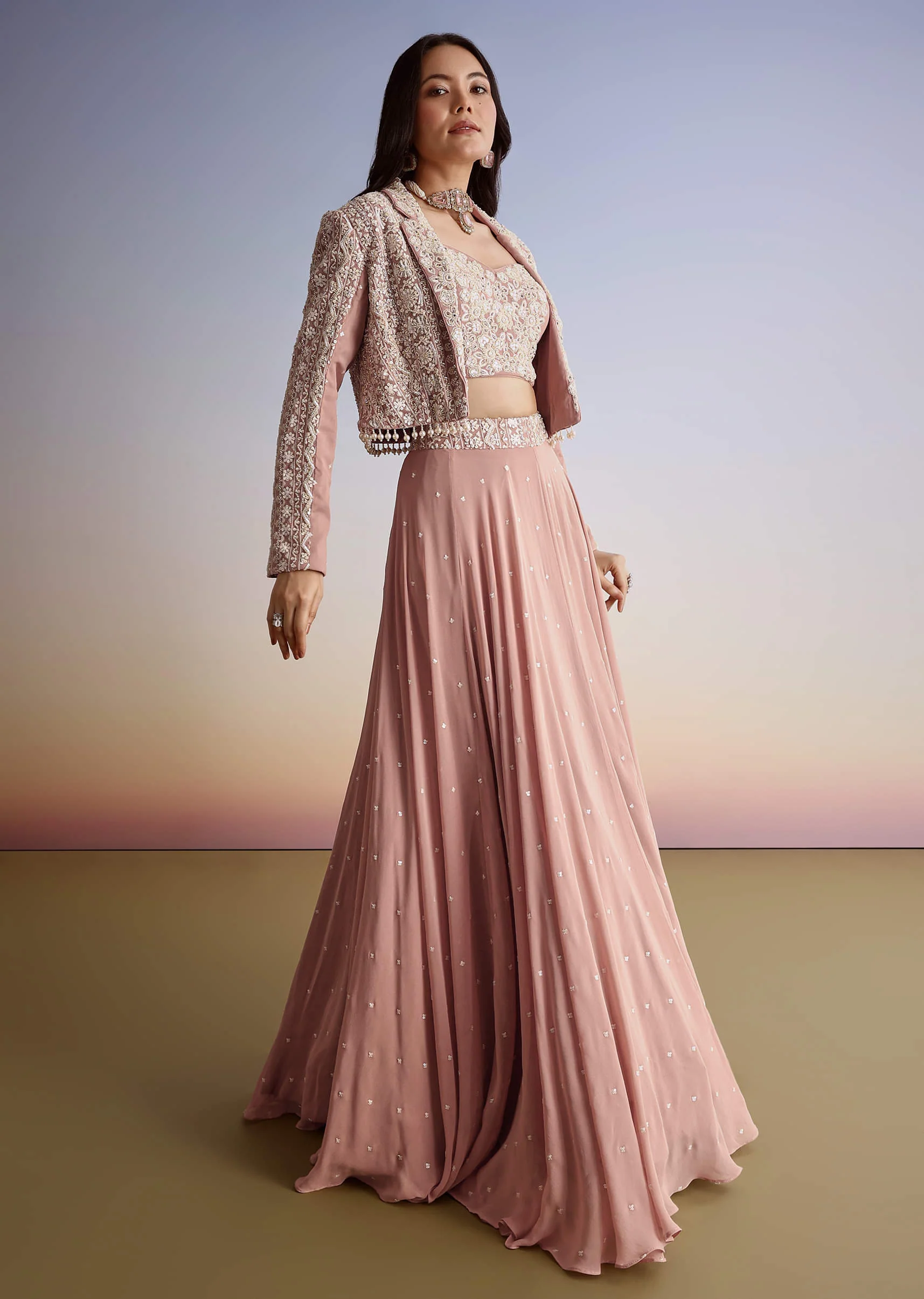 Pink Georgette Moti Resham Work Lehenga Jacket Set - Image 2
