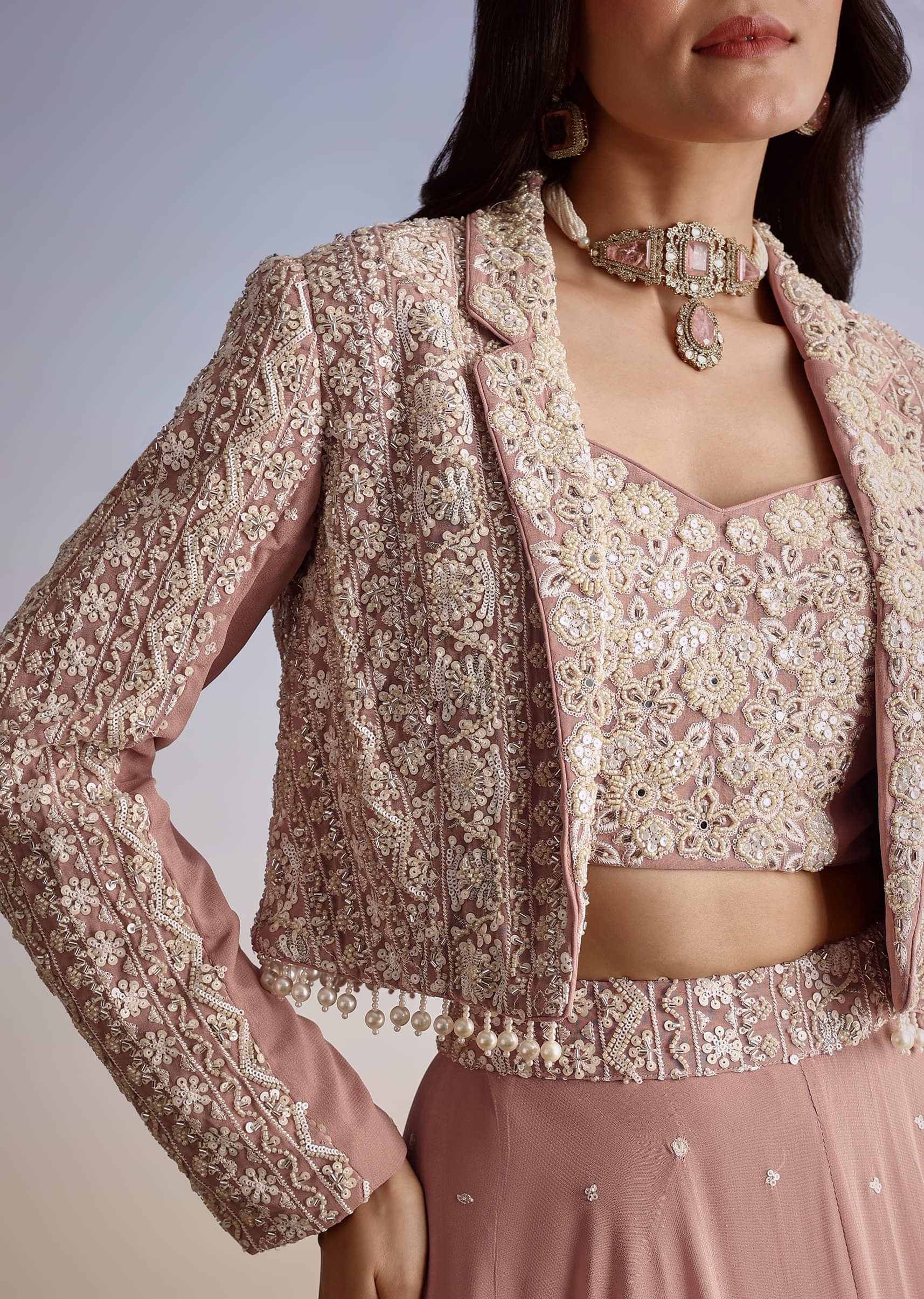 Pink Georgette Moti Resham Work Lehenga Jacket Set - Image 3