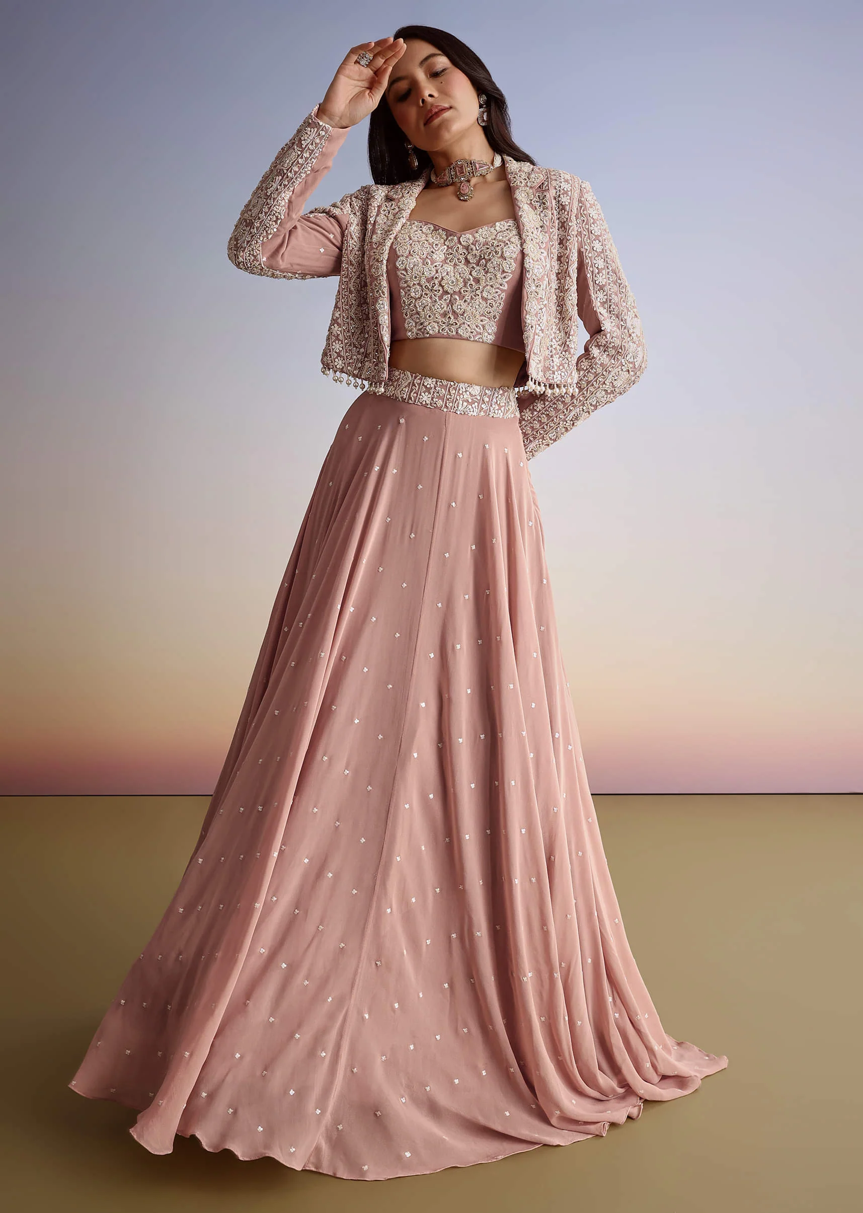 Pink Georgette Moti Resham Work Lehenga Jacket Set - Image 4