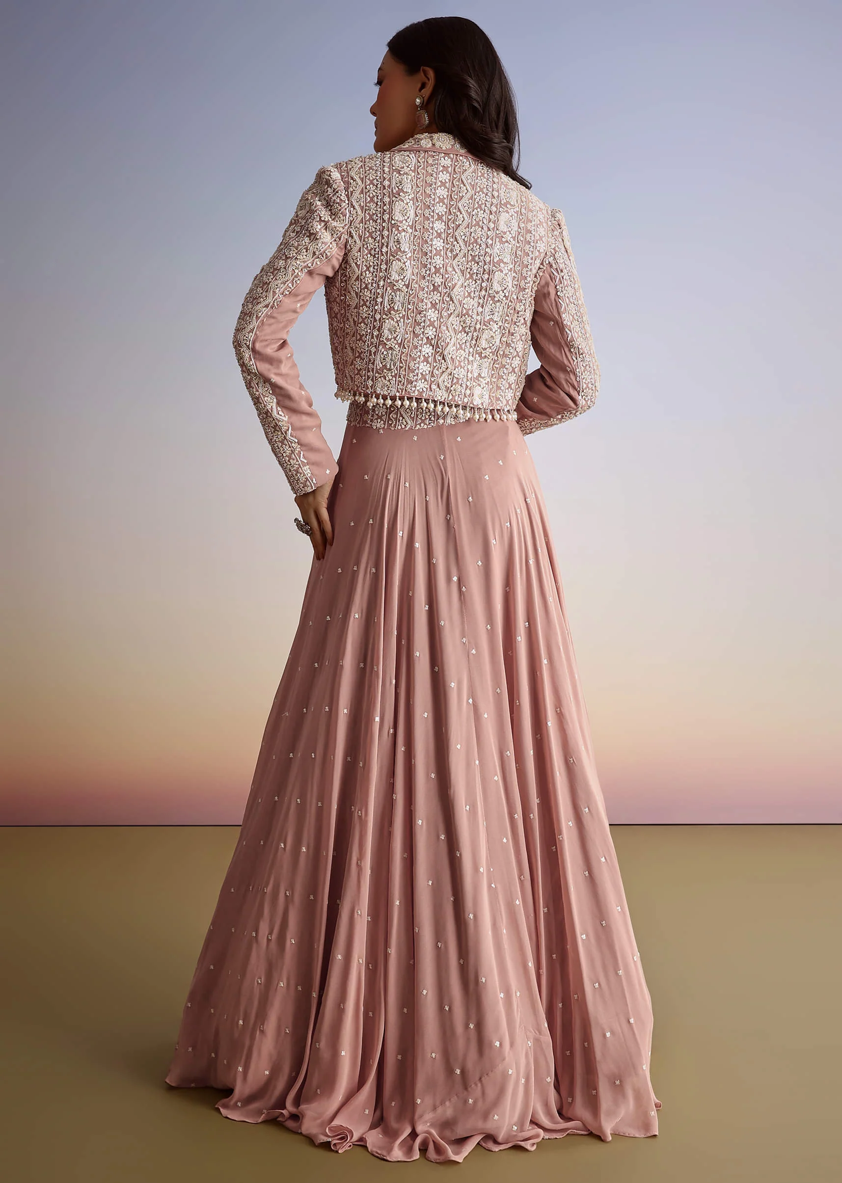 Pink Georgette Moti Resham Work Lehenga Jacket Set - Image 5