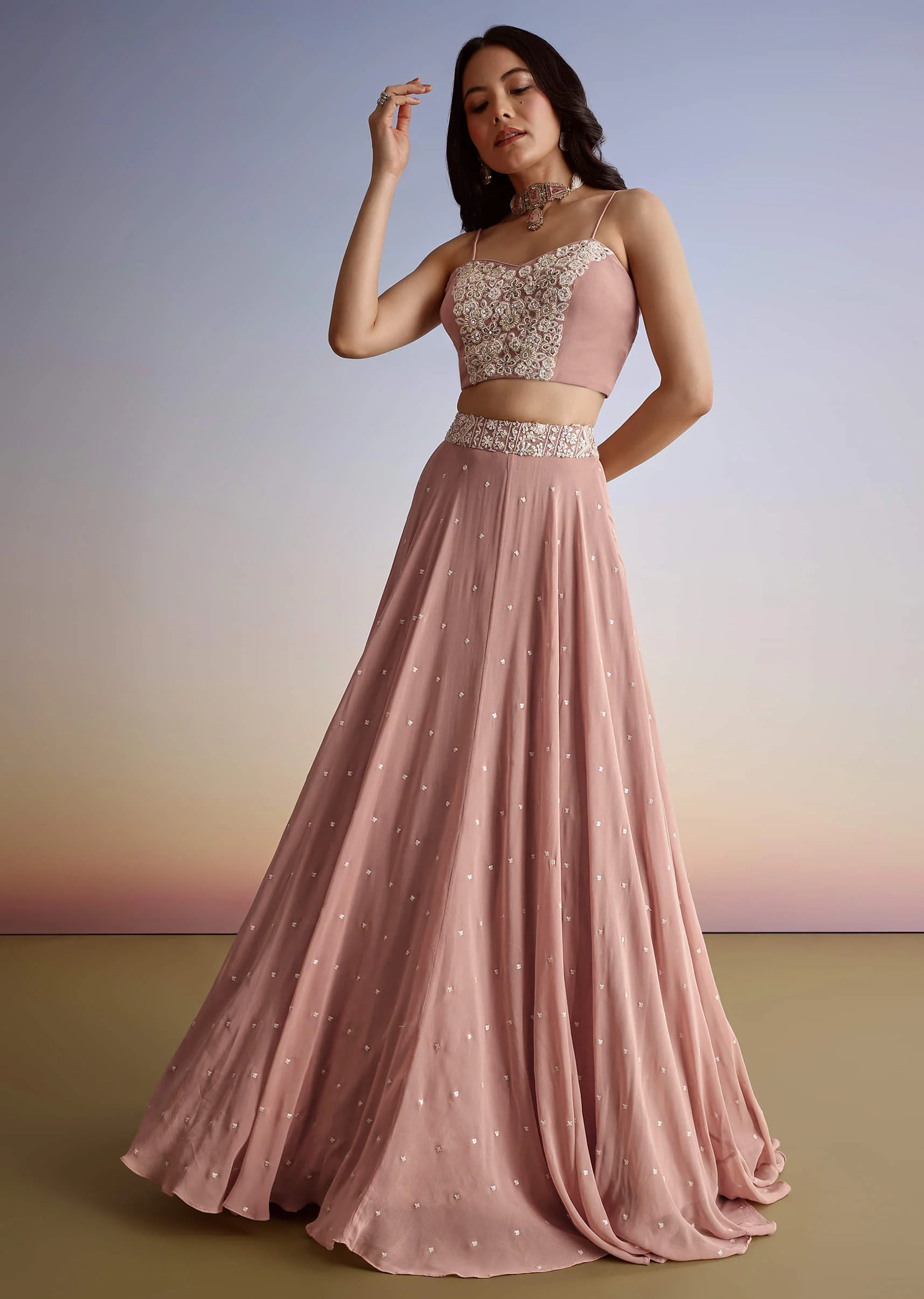 Pink Georgette Moti Resham Work Lehenga Jacket Set - Image 6