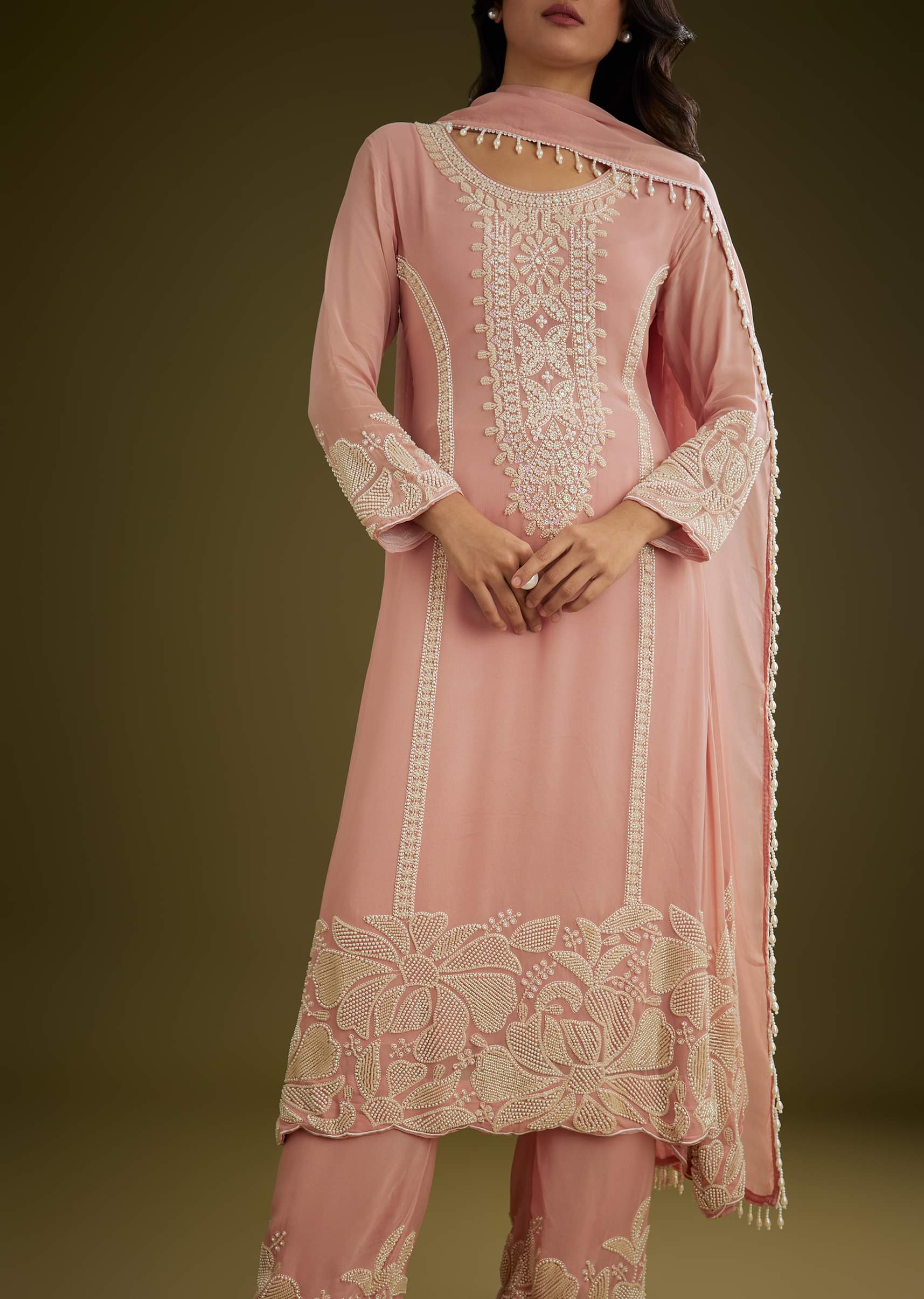 Pink Georgette Moti Work Asymmetrical Kurta Set With Tassels Bordered Dupatta - Image 6
