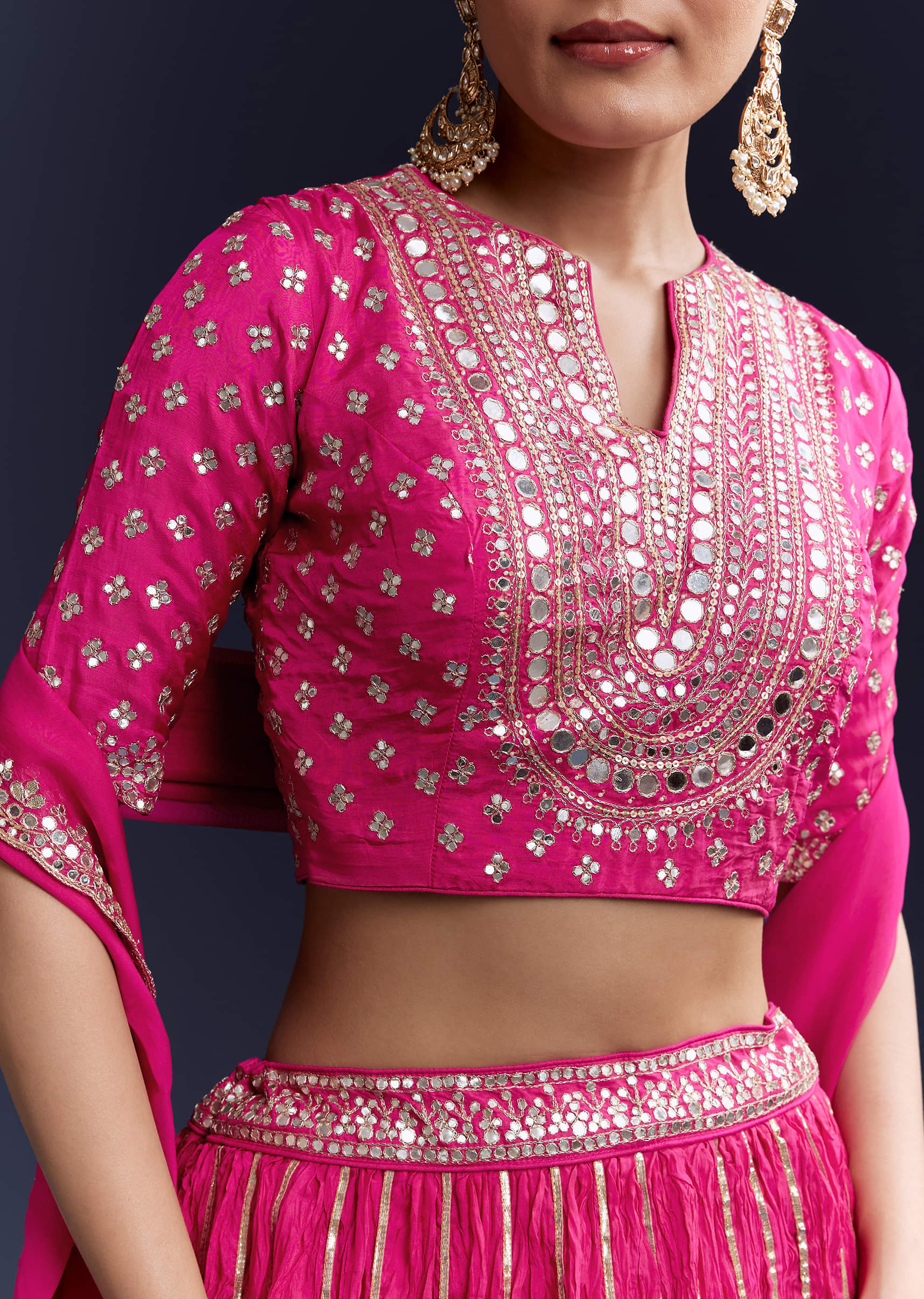 Pink Gota Lace Chinon Silk Bridesmaid Lehenga Set - Image 3