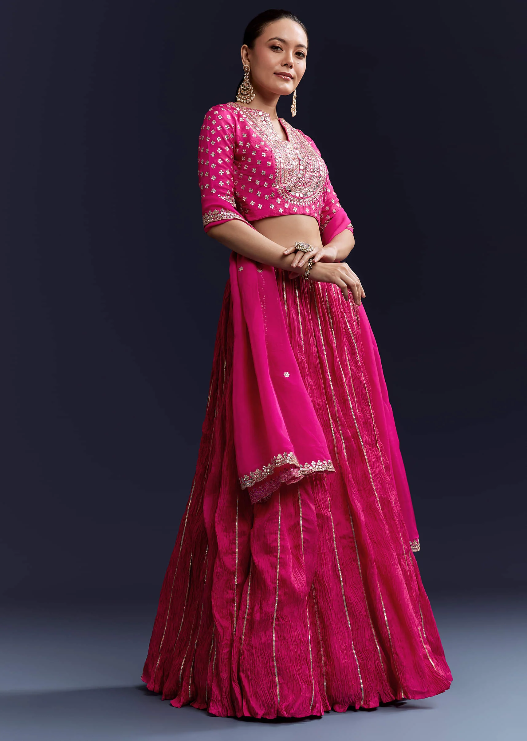 Pink Gota Lace Chinon Silk Bridesmaid Lehenga Set - Image 4