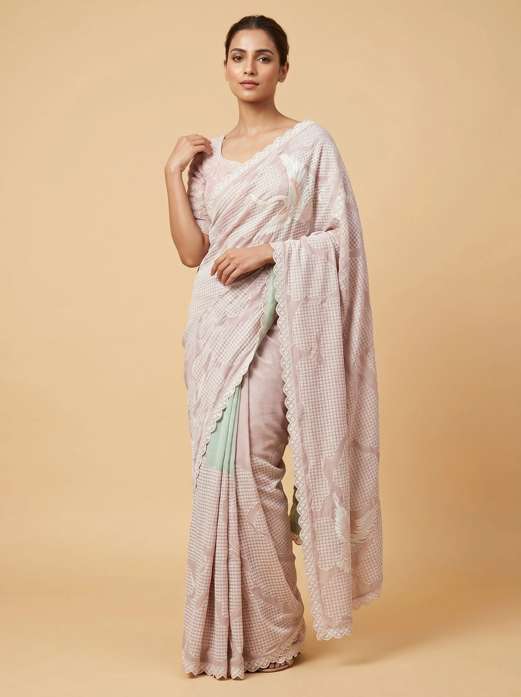 Pink Green Dual Tone Embroidered Saree