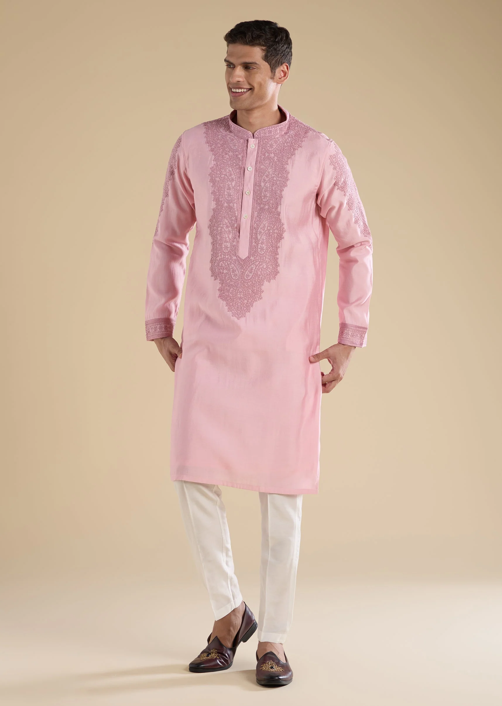 Pink Gujarati Handwork Chanderi Kurta Set - Image 3