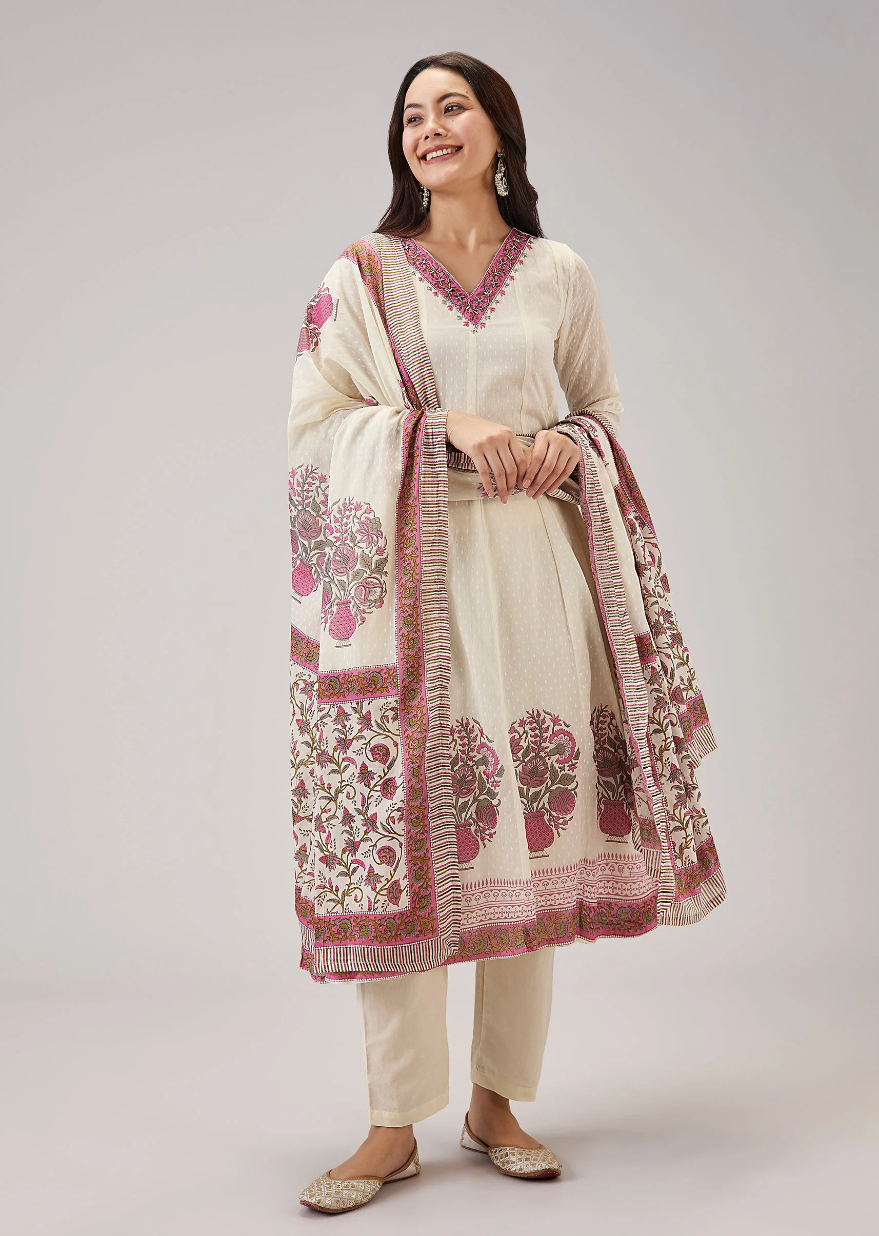 Pink Hand Block Printed Anarkali With Cut Dana Work - Image 3