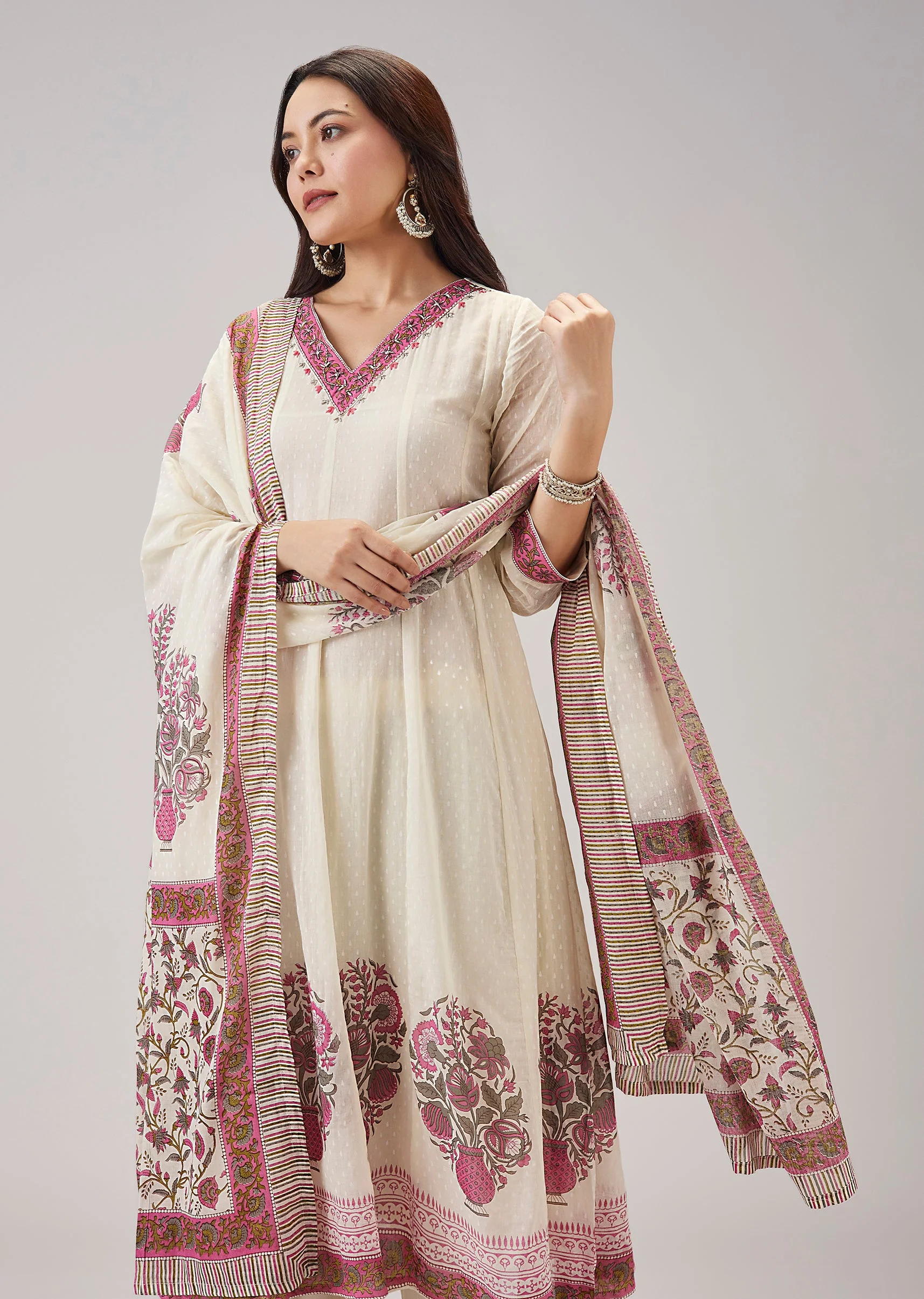 Pink Hand Block Printed Anarkali With Cut Dana Work - Image 4