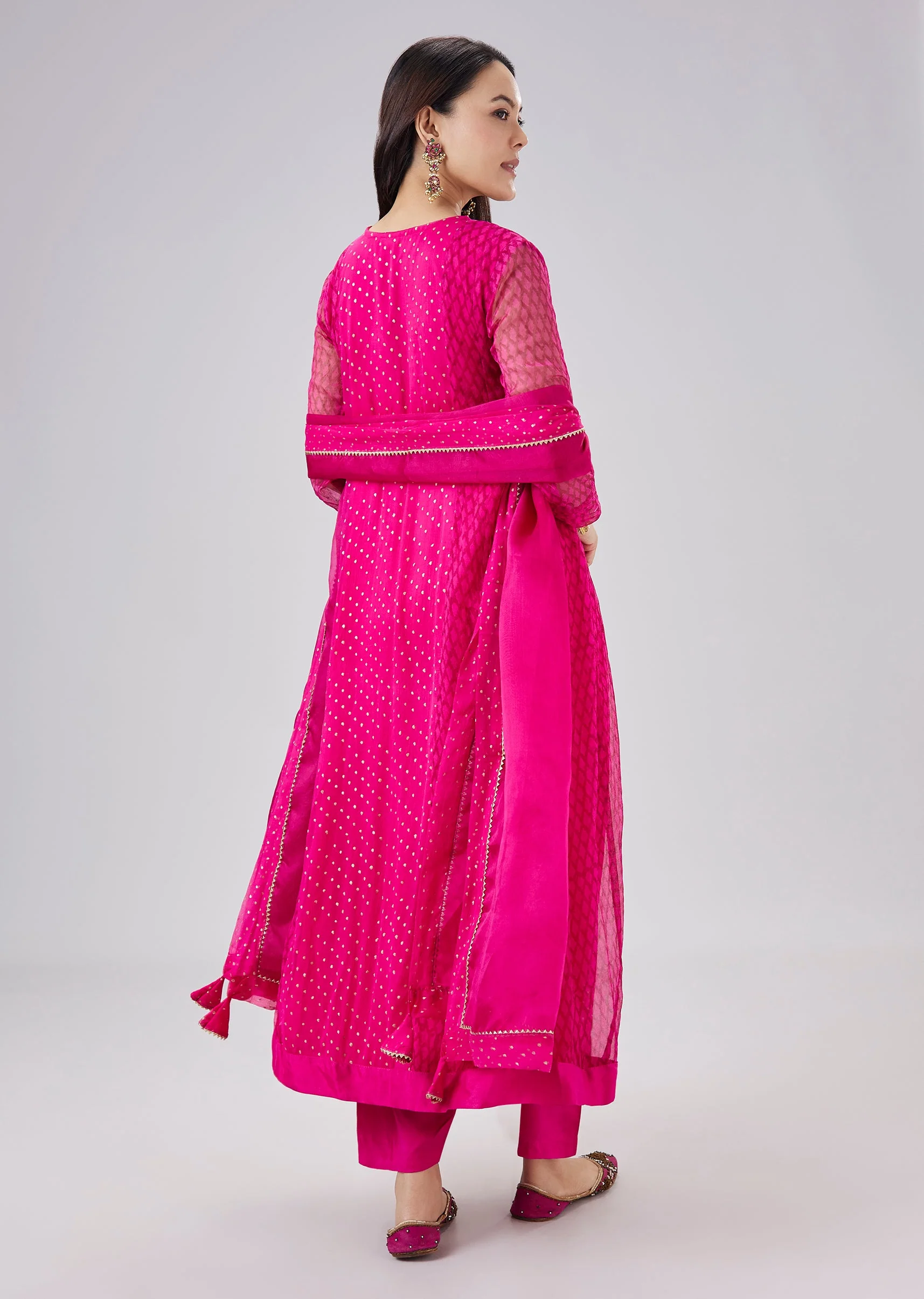 Pink Hand Block Printed Chiffon Anarkali Set And Dupatta - Image 5