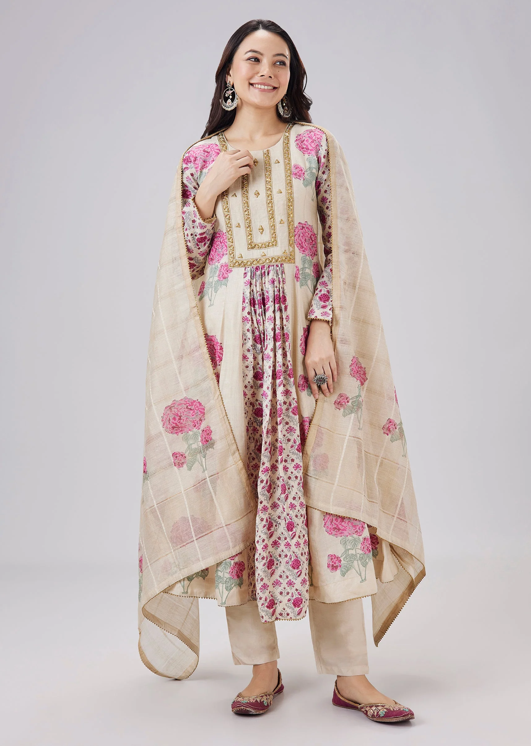Pink Hand Block Printed Tussar Silk Anarkali Set With Dupatta - Image 3