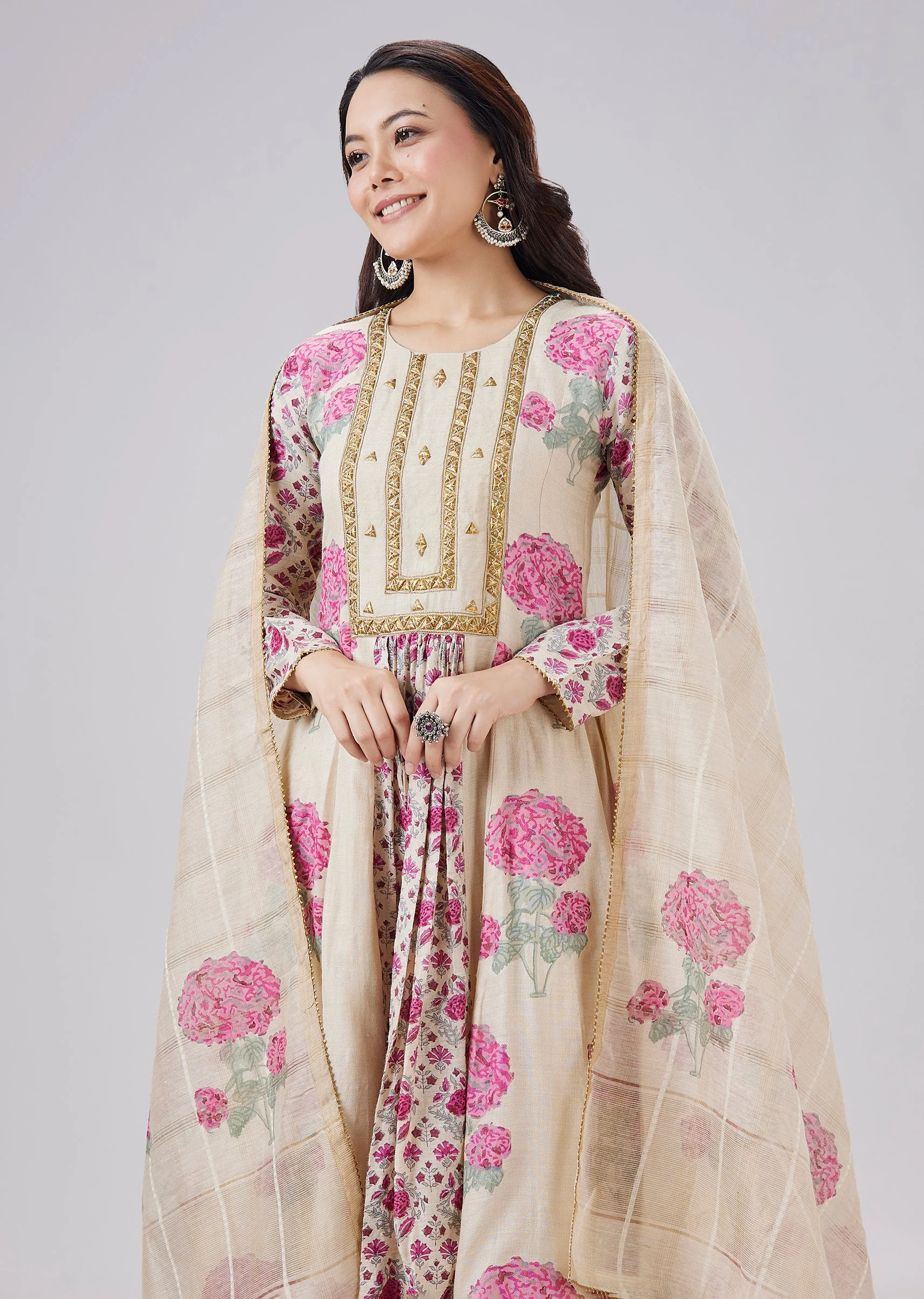 Pink Hand Block Printed Tussar Silk Anarkali Set With Dupatta - Image 4