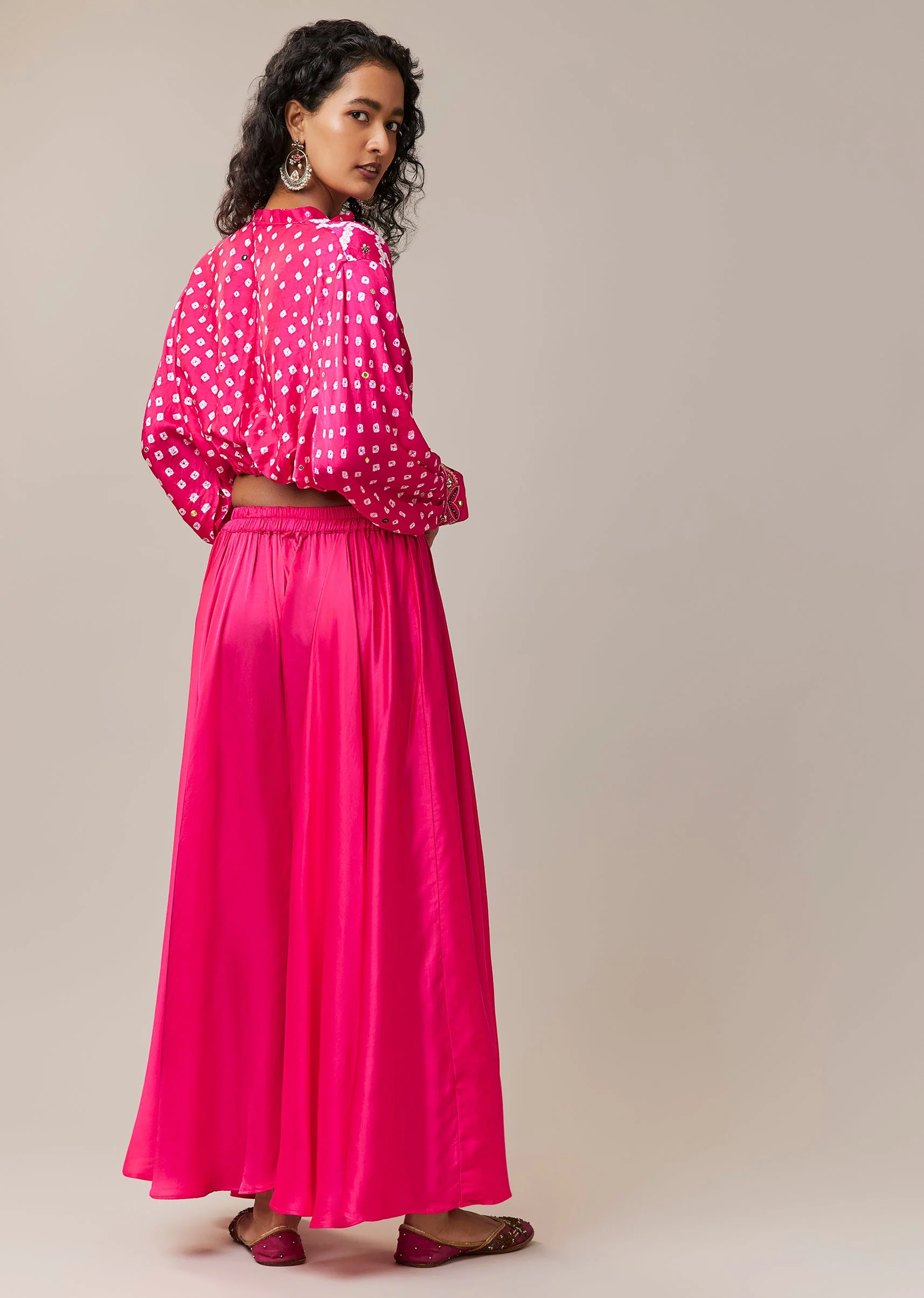 Pink Hand Dyed Bandhani Crop Top and Palazzo Set - Image 5