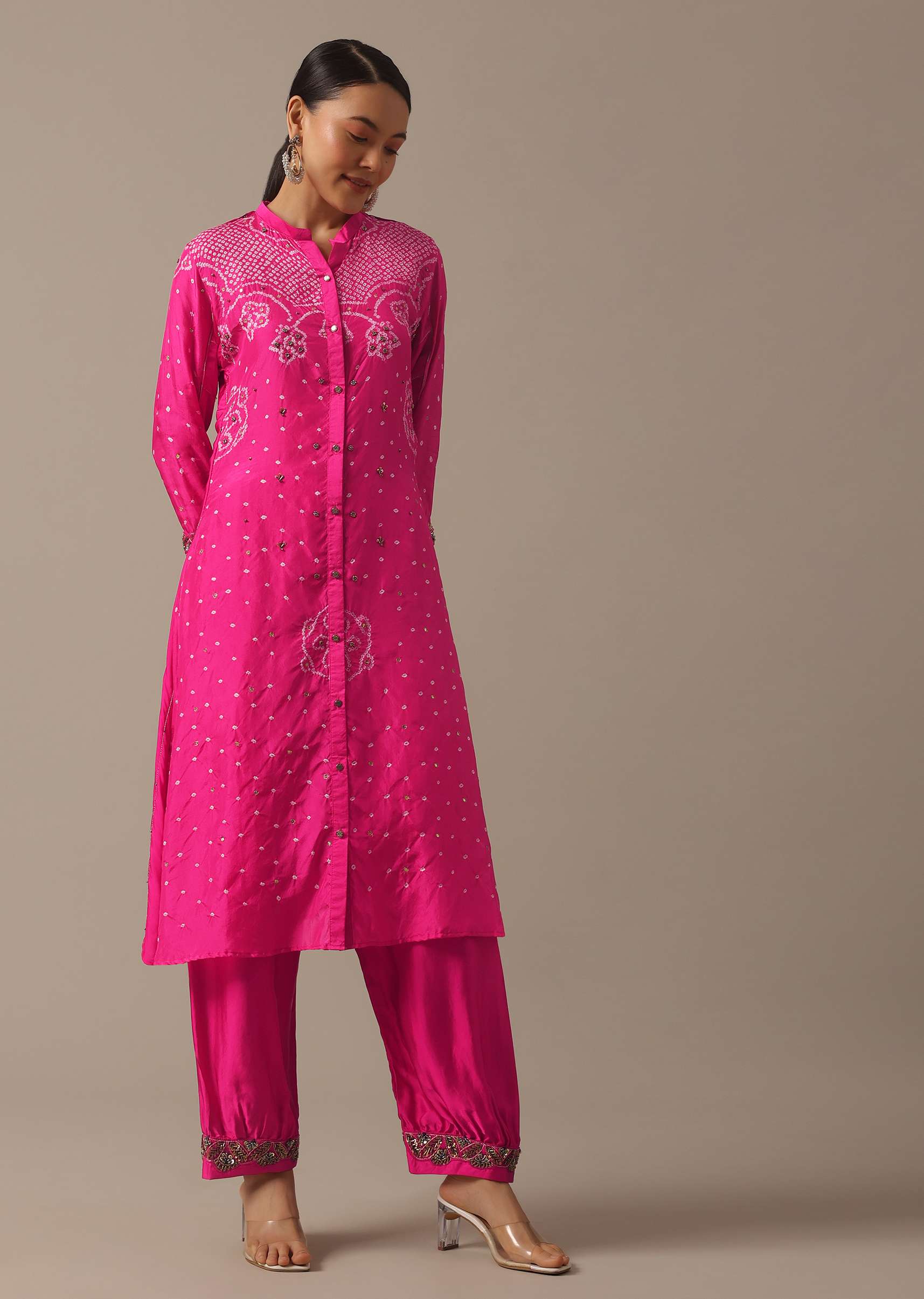 Pink Hand Dyed Bandhani Kurta And Pant Set - Image 8