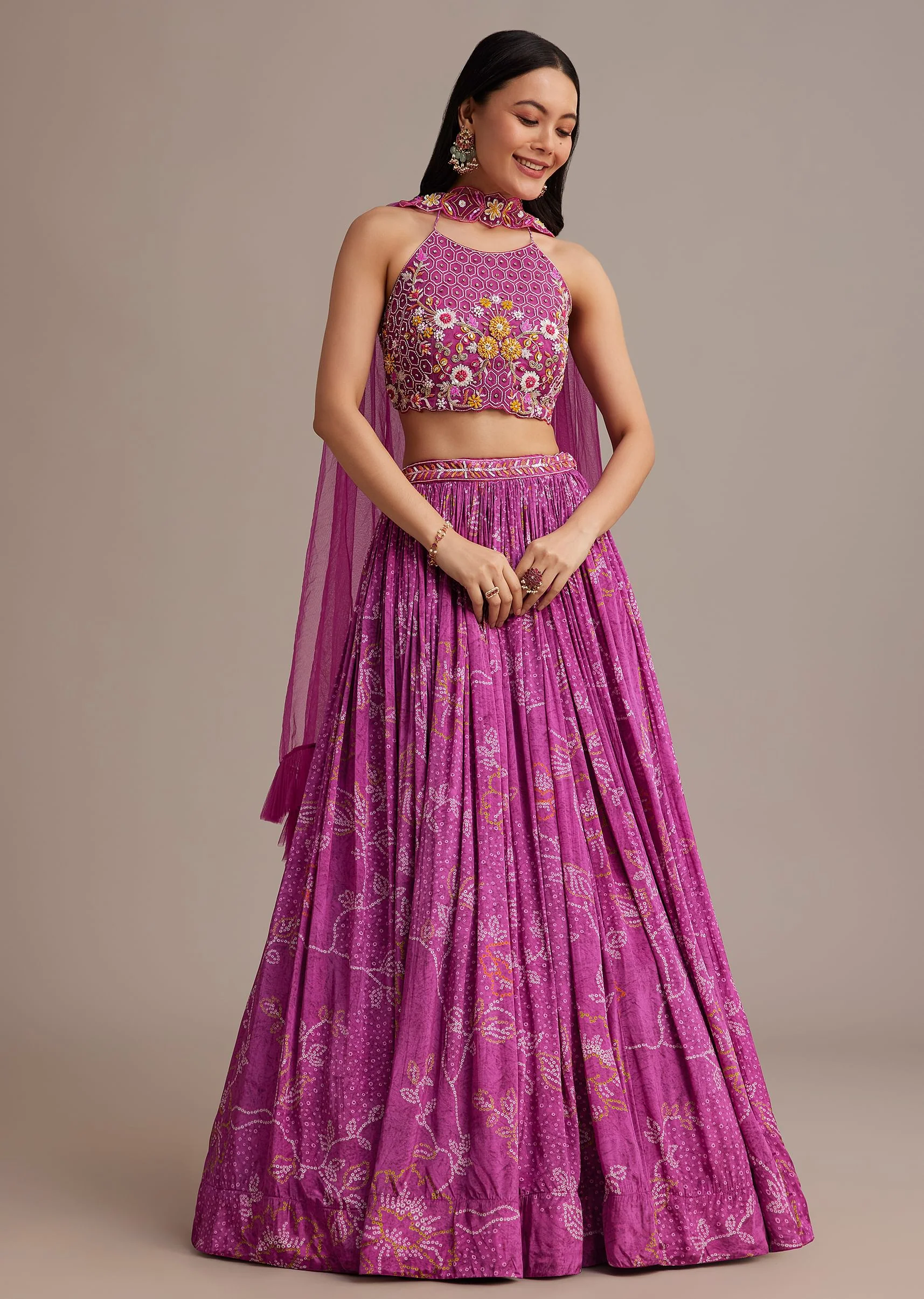 Pink Hand Embroidered Choli With Bandhani Print Lehenga And Choker Net Dupatta - Image 3
