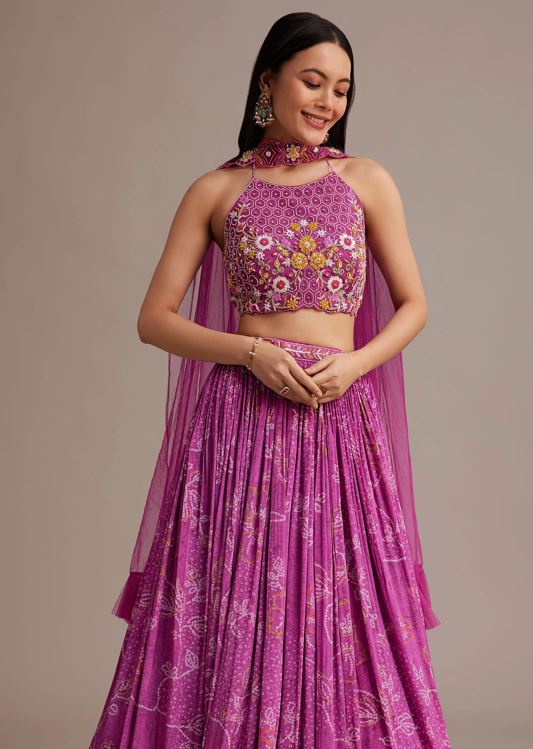 Pink Hand Embroidered Choli With Bandhani Print Lehenga And Choker Net Dupatta - Image 4