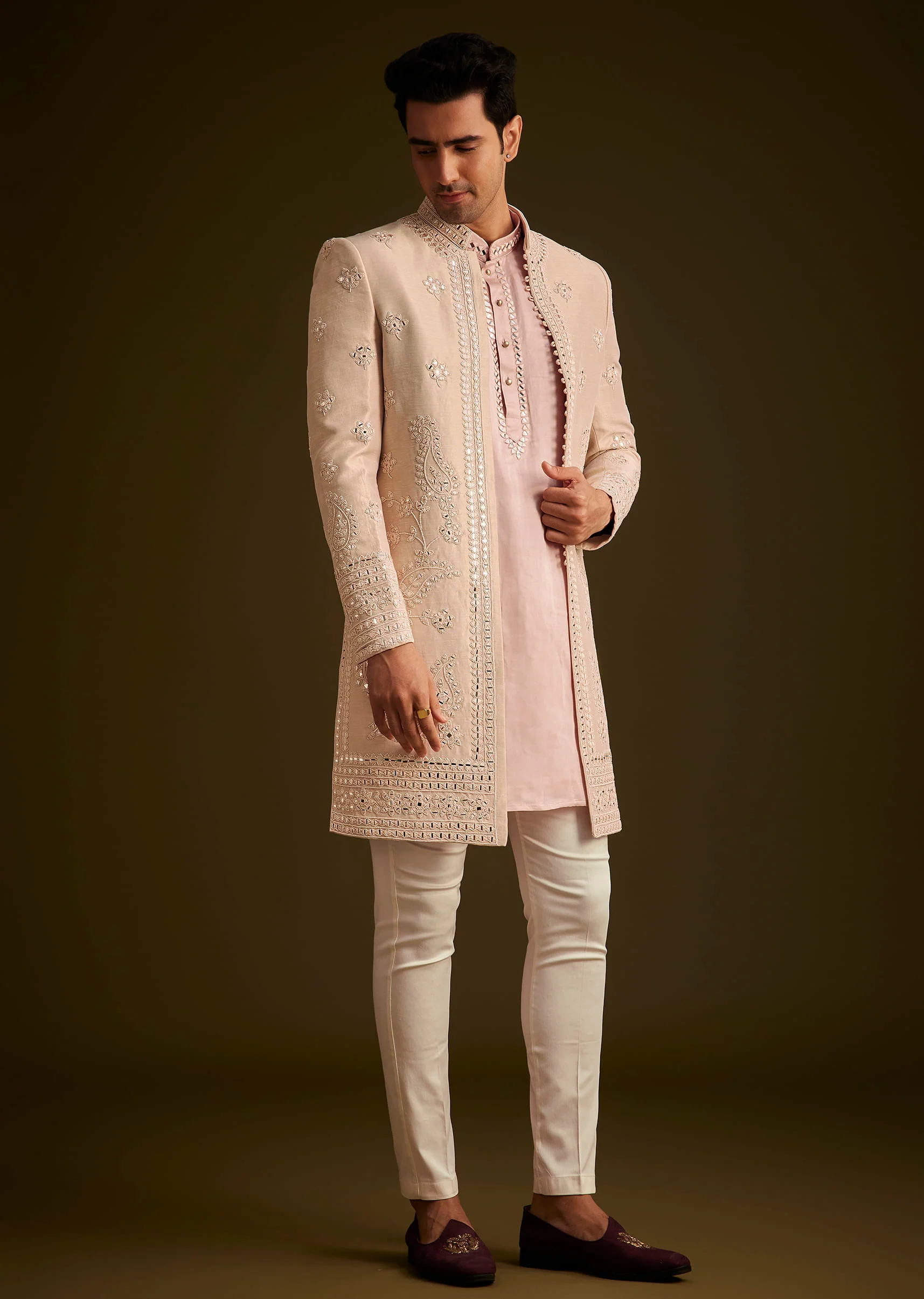 Pink Hand Embroidered Sherwani Set - Image 3