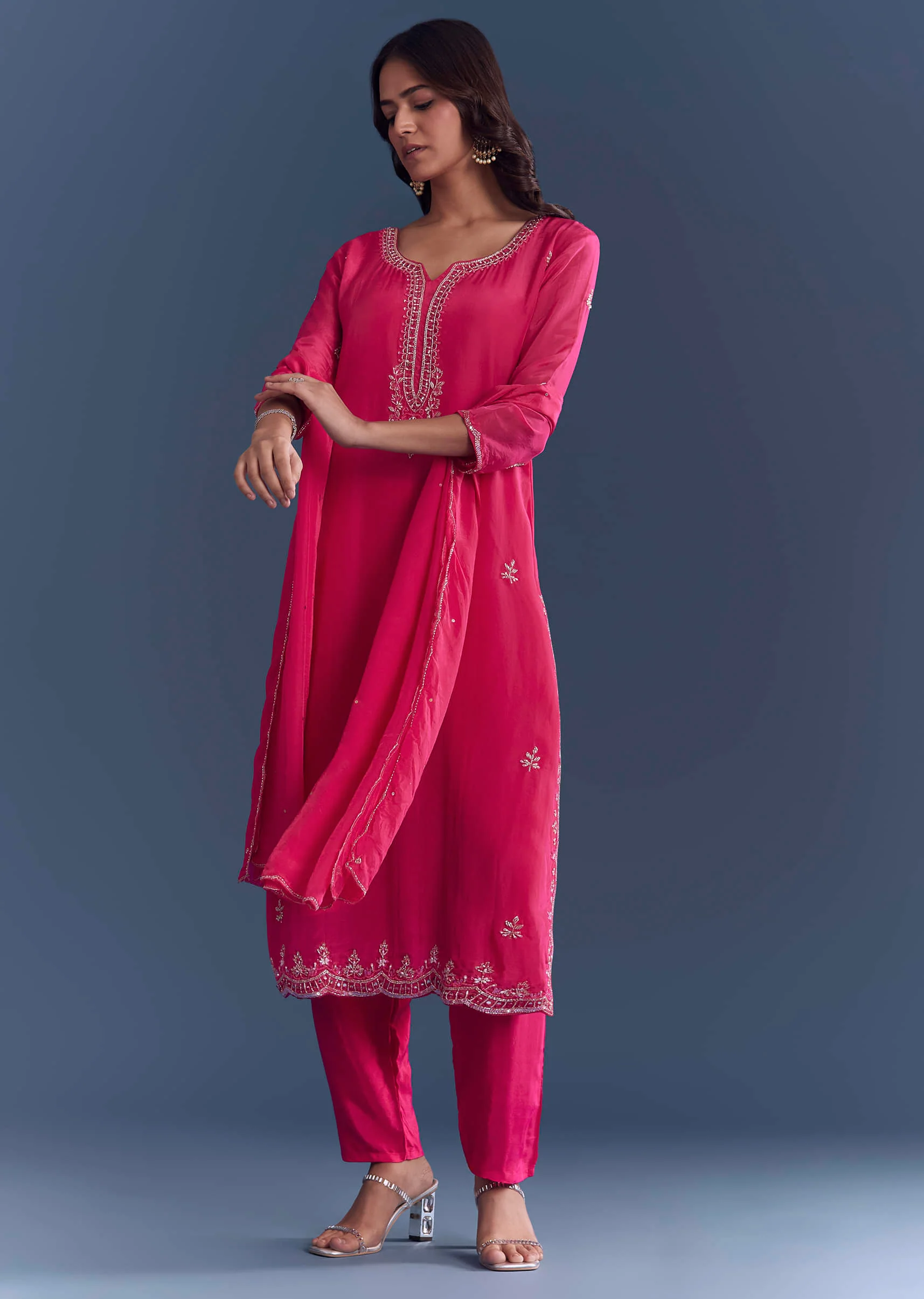 Pink Hosiery Kurta Set With Cutdana And Mirror Work - Image 3