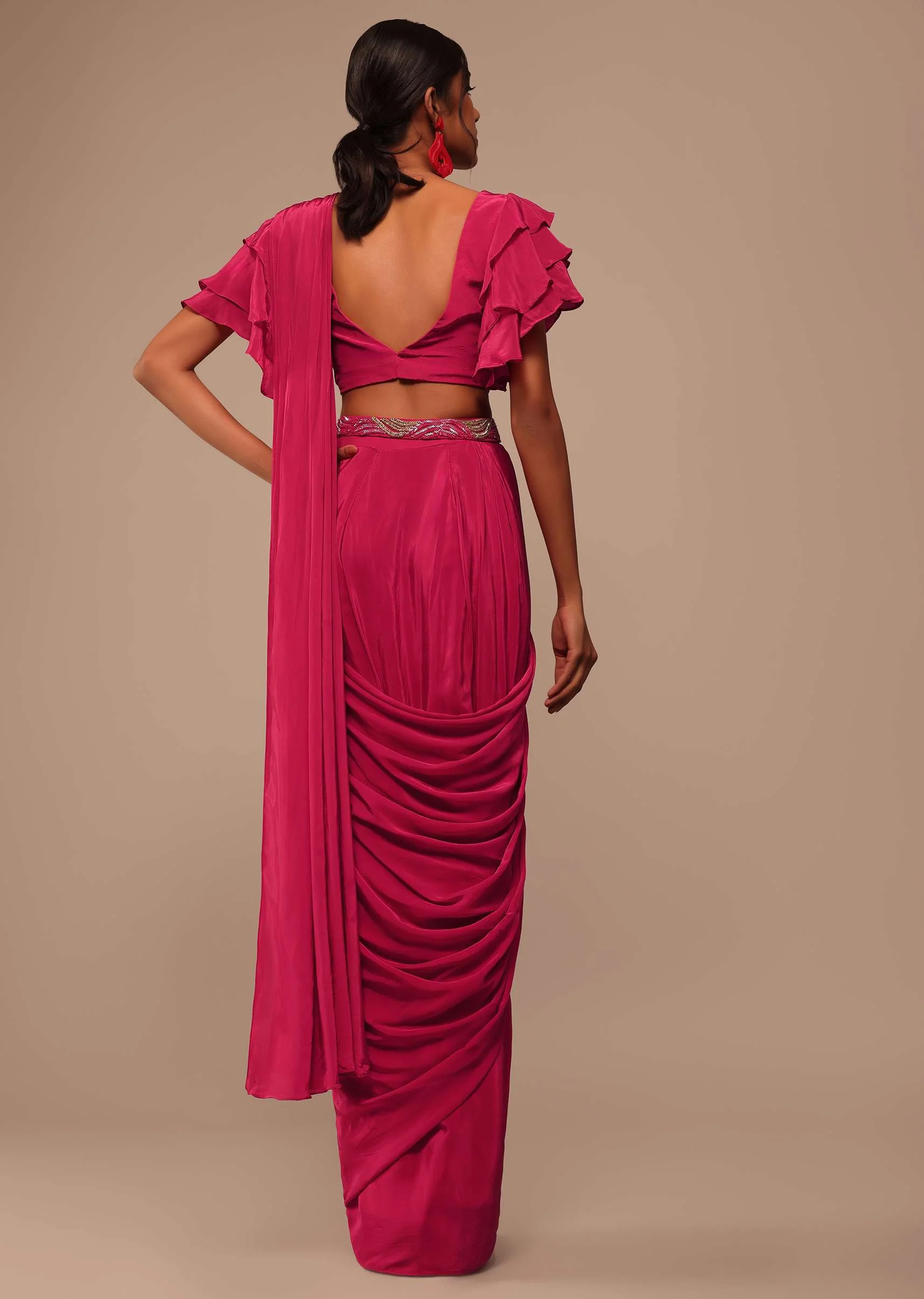 Pink Indo-western Saree And Layered Sleeves Blouse Set In Crepe - Image 3