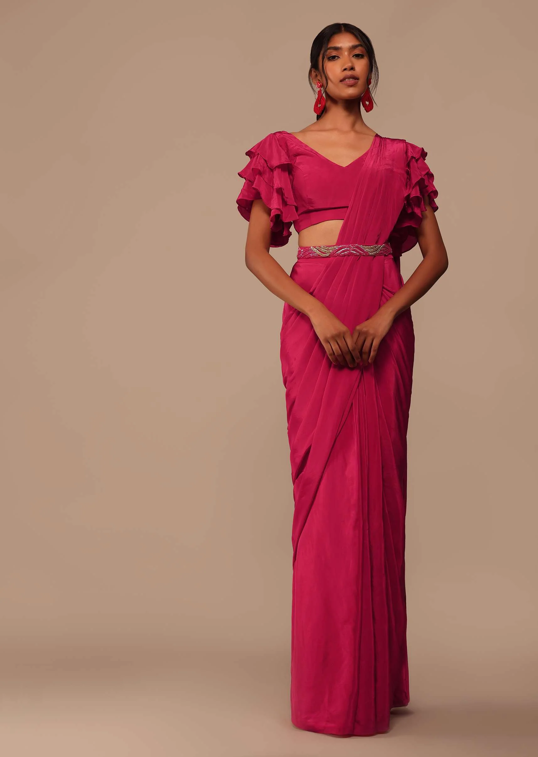 Pink Indo-western Saree And Layered Sleeves Blouse Set In Crepe - Image 5