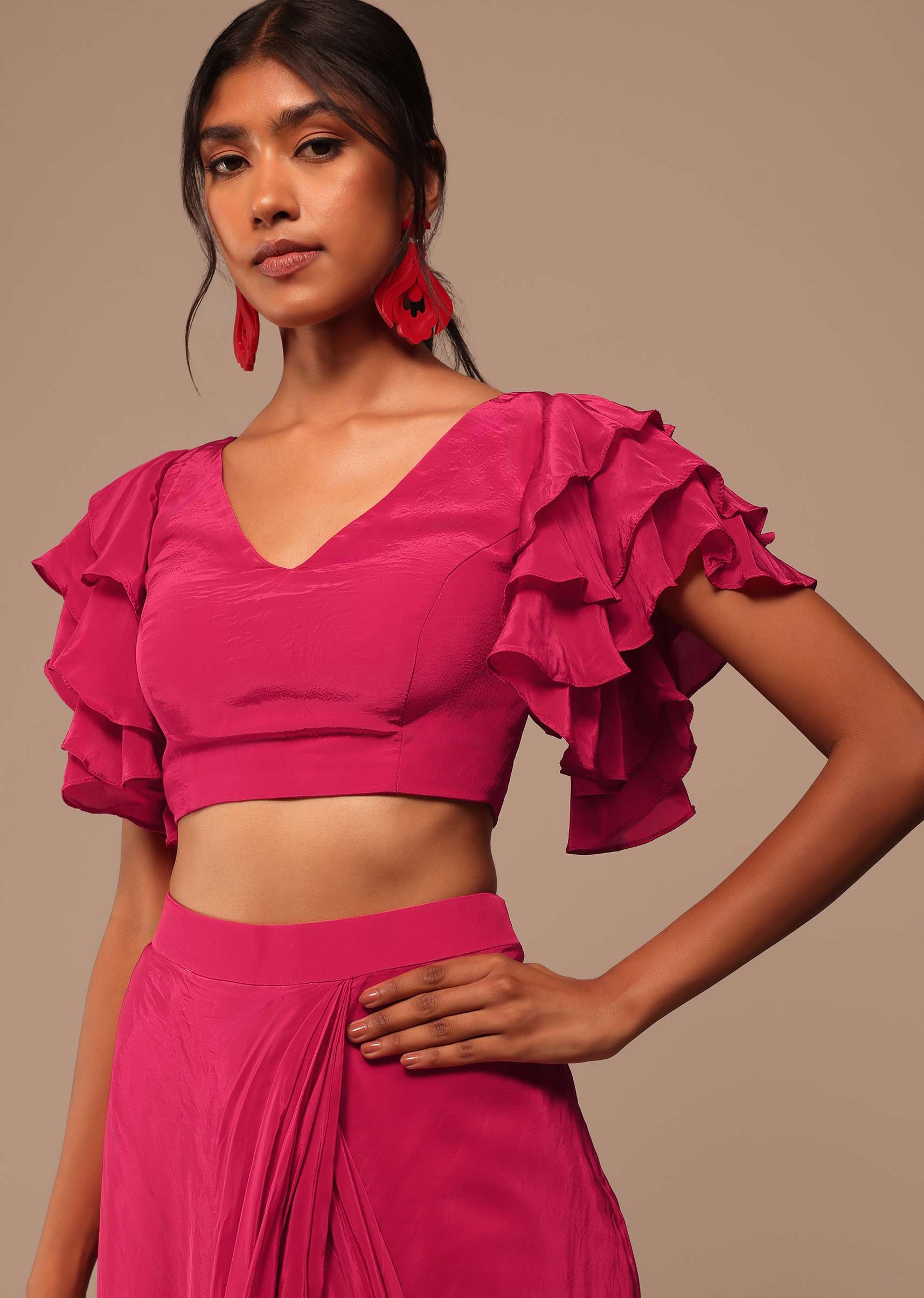 Pink Indo-western Saree And Layered Sleeves Blouse Set In Crepe - Image 6