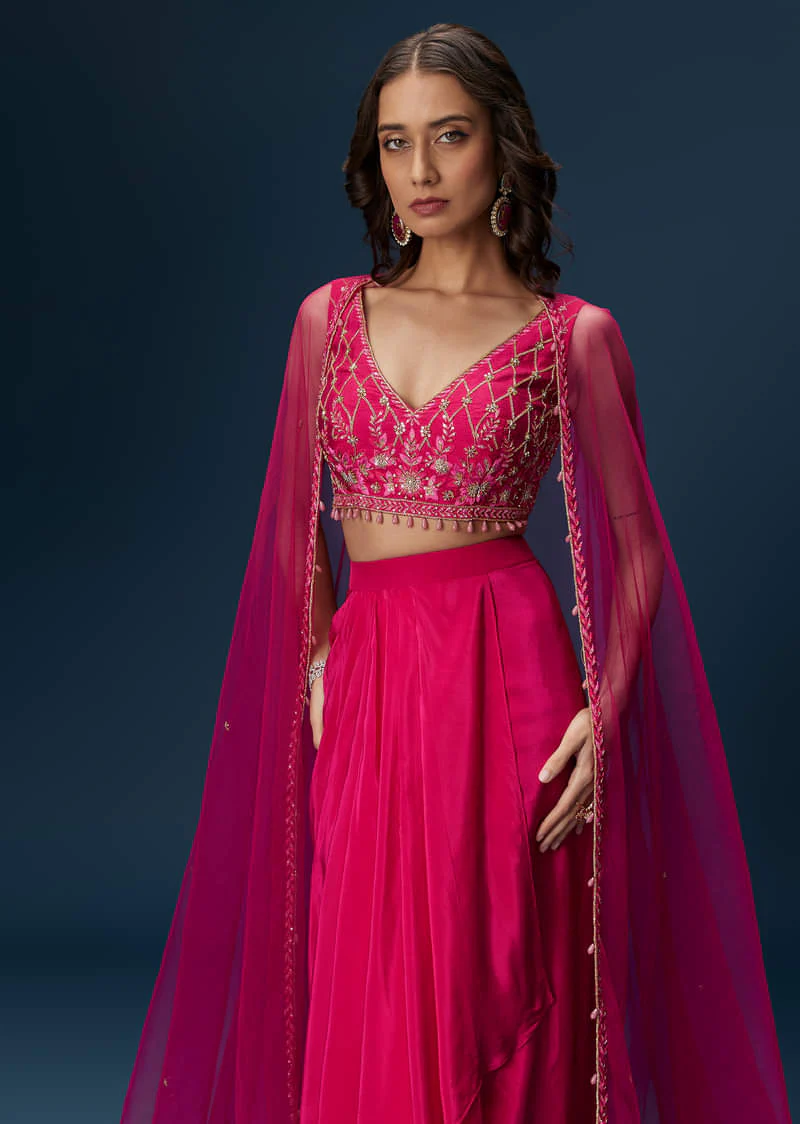 Pink Indo Western Skirt Set With Embroidered Blouse And Dupatta - Image 5