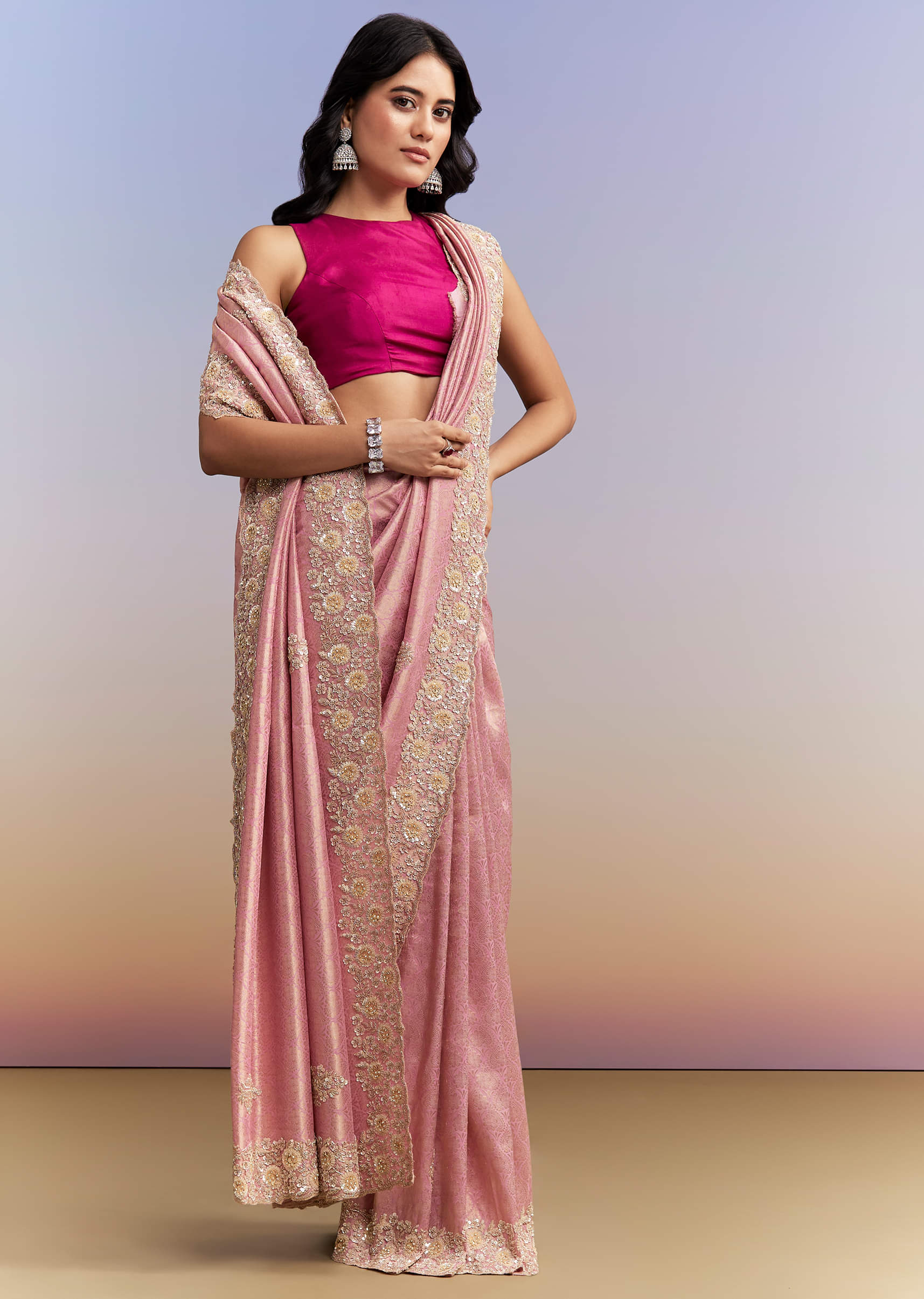 Pink Jacquard Tissue Saree With Heavy Hand Embroidery - Image 3