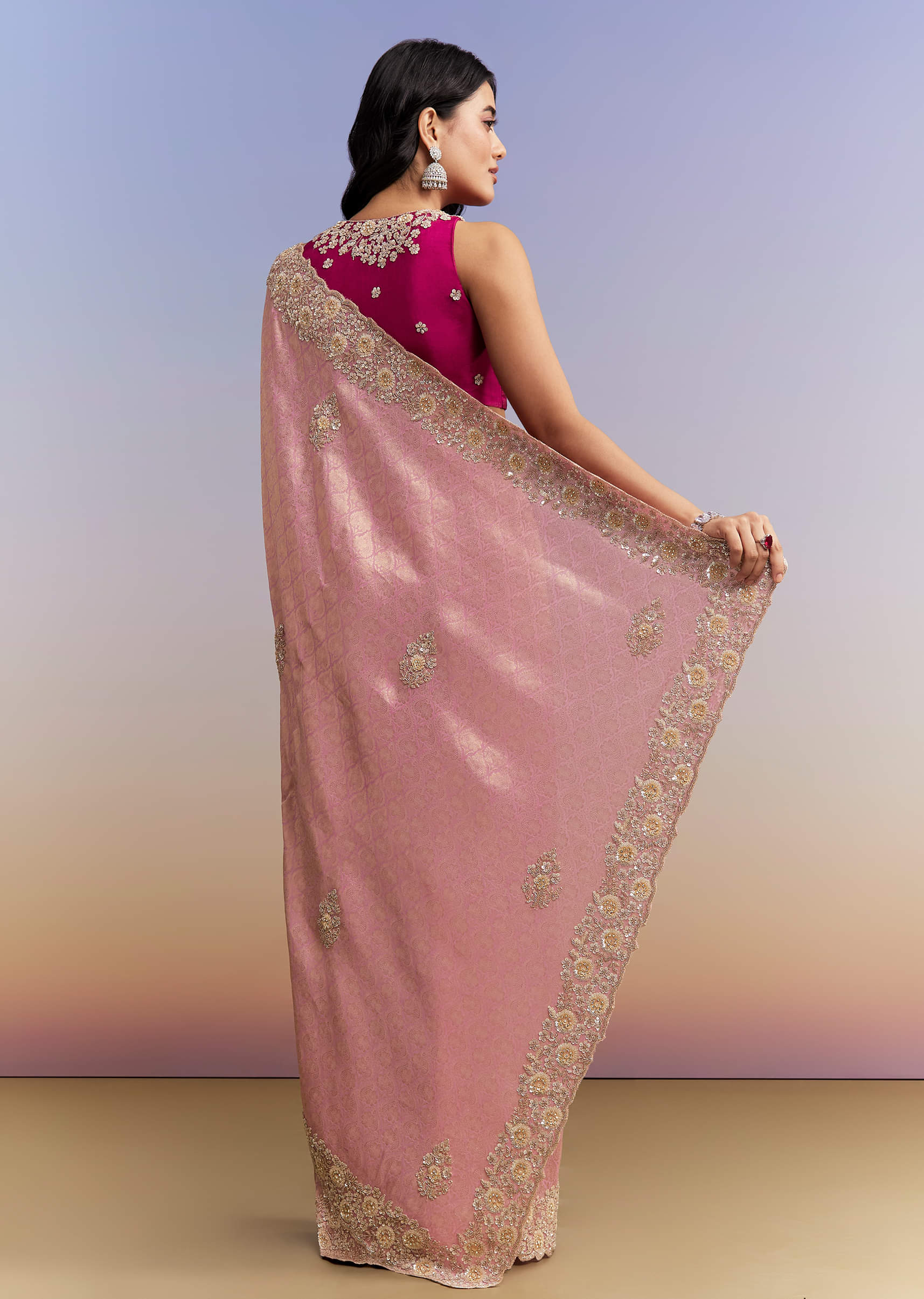 Pink Jacquard Tissue Saree With Heavy Hand Embroidery - Image 4