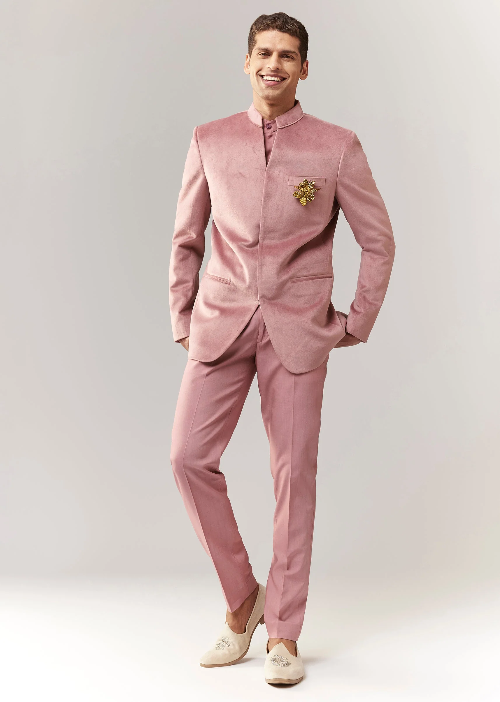 Pink Jodhpuri Style Tuxedo Set With Metal Broach - Image 3