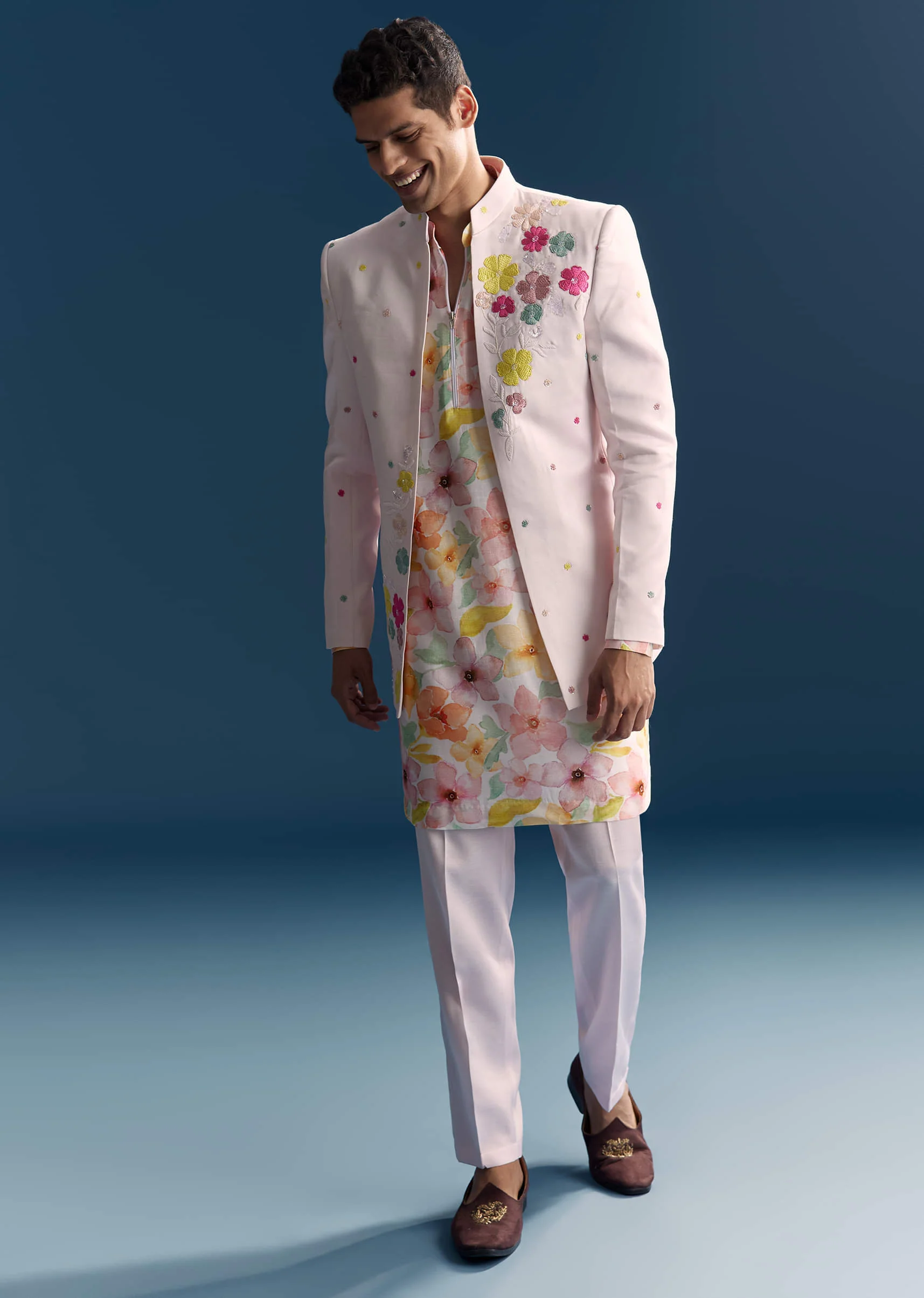 Pink Jodhpuri Suit For Men With Floral Print And Embroidery - Image 3