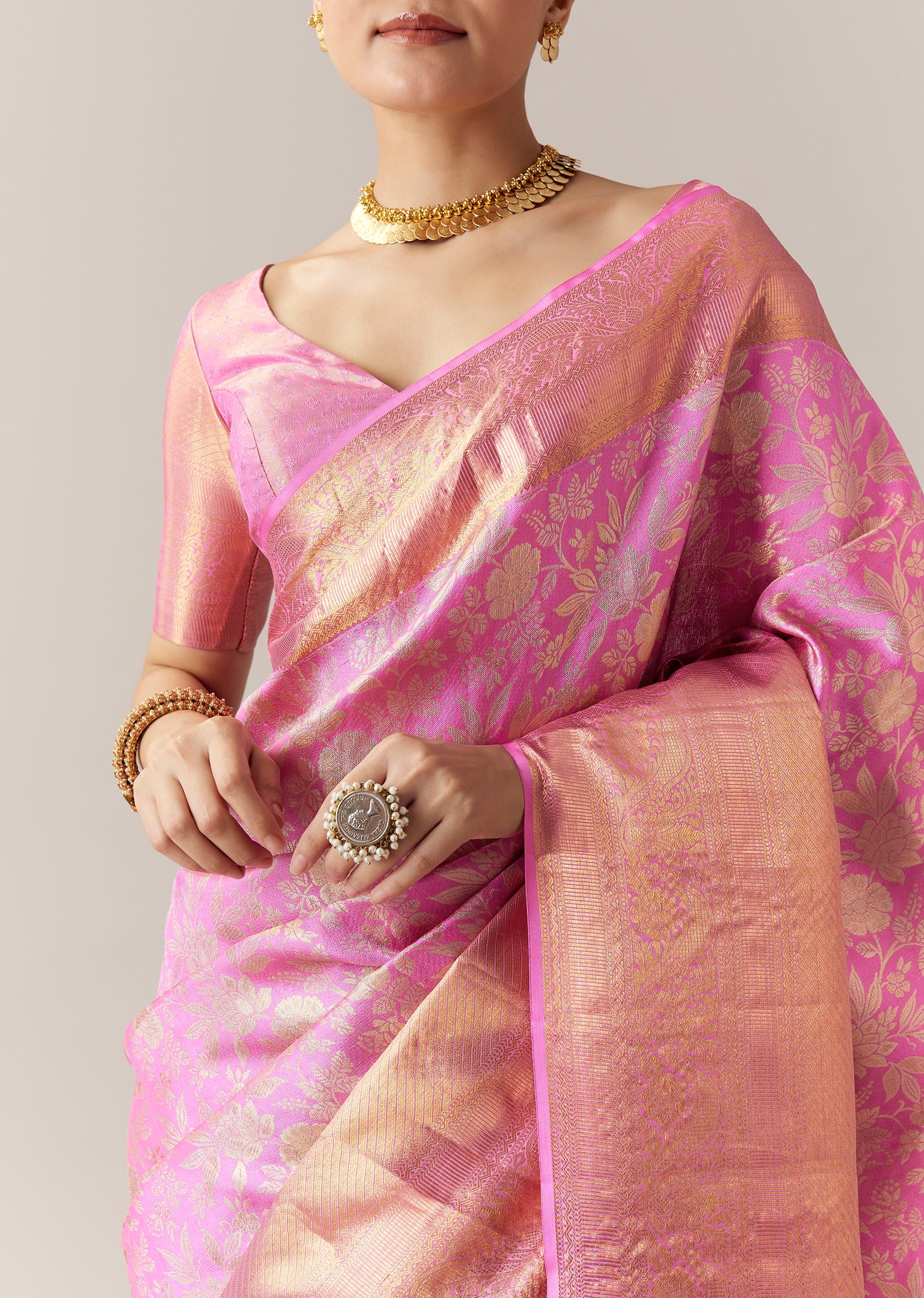Pink Kanjivaram Saree with Unstitched Blouse - Image 2