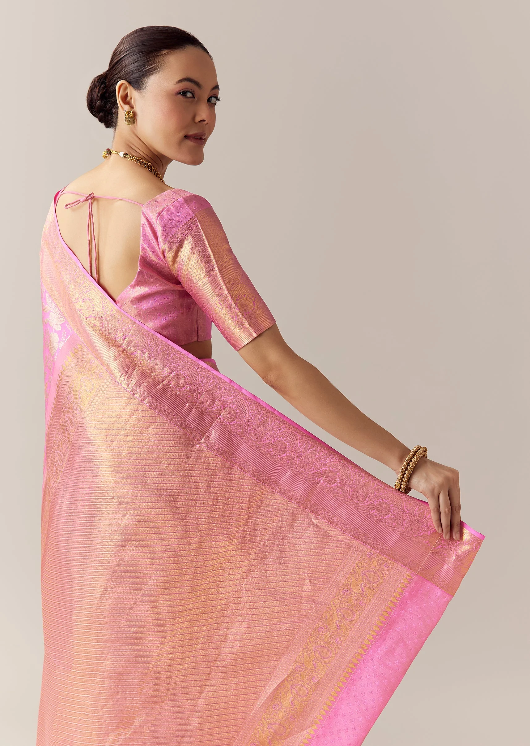 Pink Kanjivaram Saree with Unstitched Blouse - Image 6