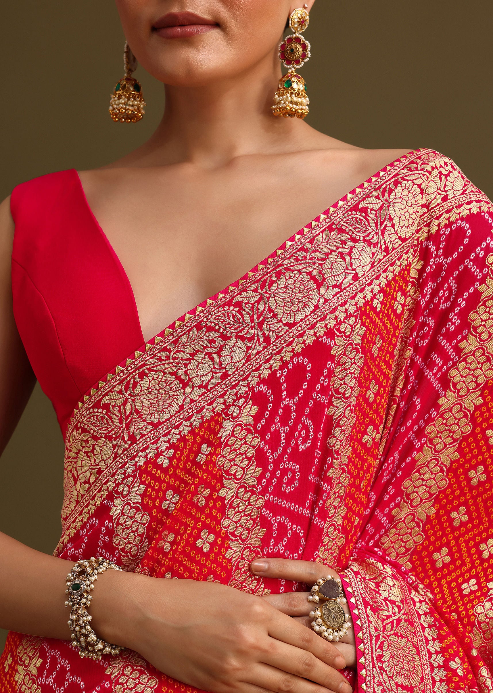 Pink Khaddi Georgette Saree With Gotta Patti Border And Unstitched Blouse - Image 2