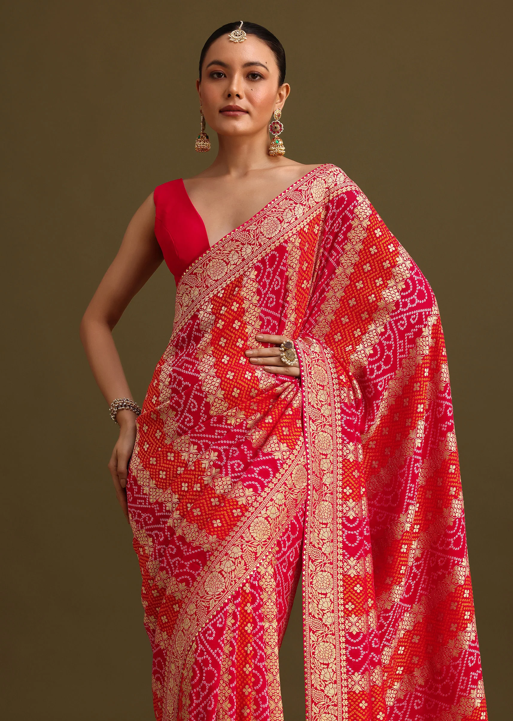 Pink Khaddi Georgette Saree With Gotta Patti Border And Unstitched Blouse - Image 5