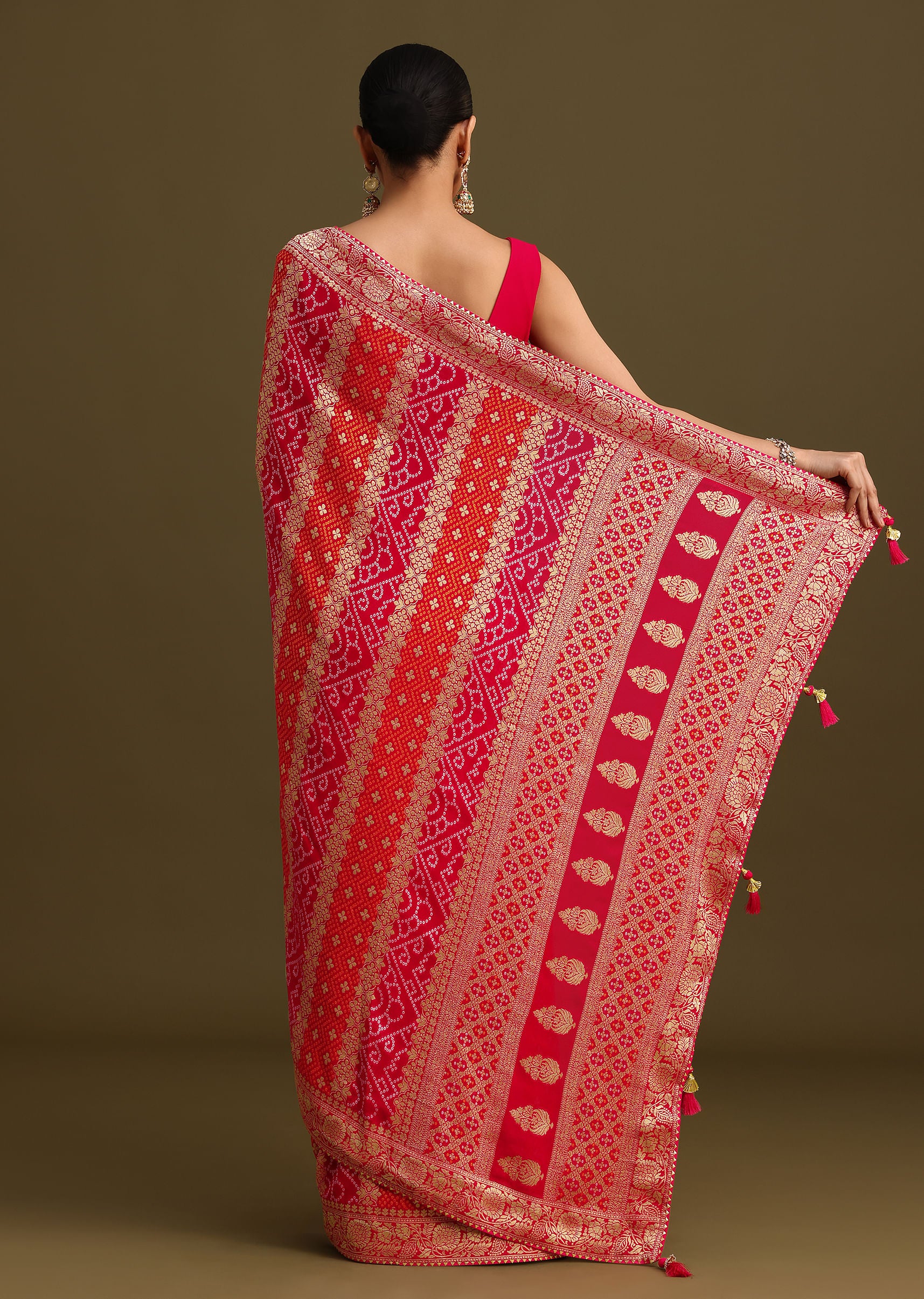 Pink Khaddi Georgette Saree With Gotta Patti Border And Unstitched Blouse - Image 6