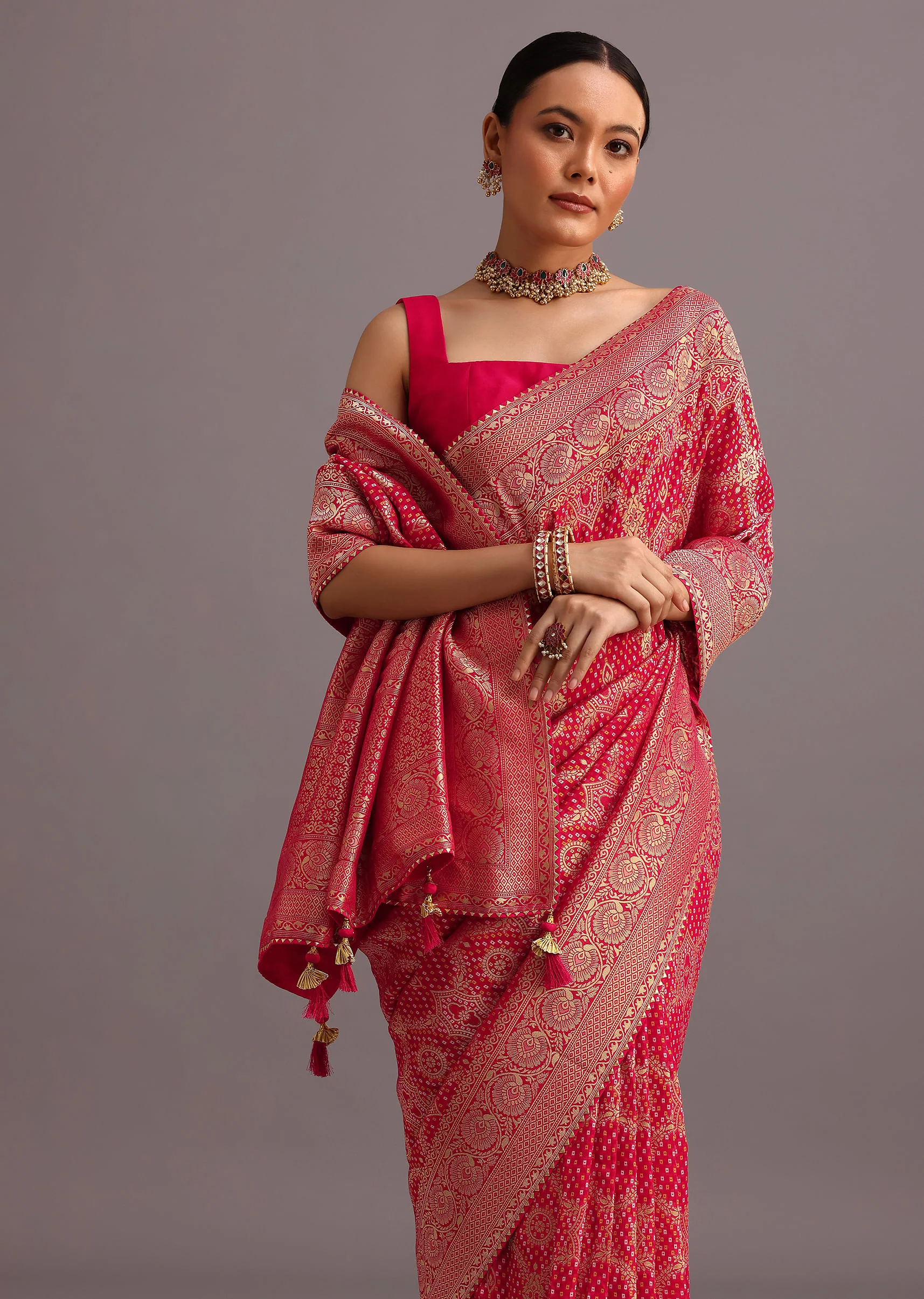 Pink Khaddi Georgette Woven Saree With Gotta Patti Border - Image 5